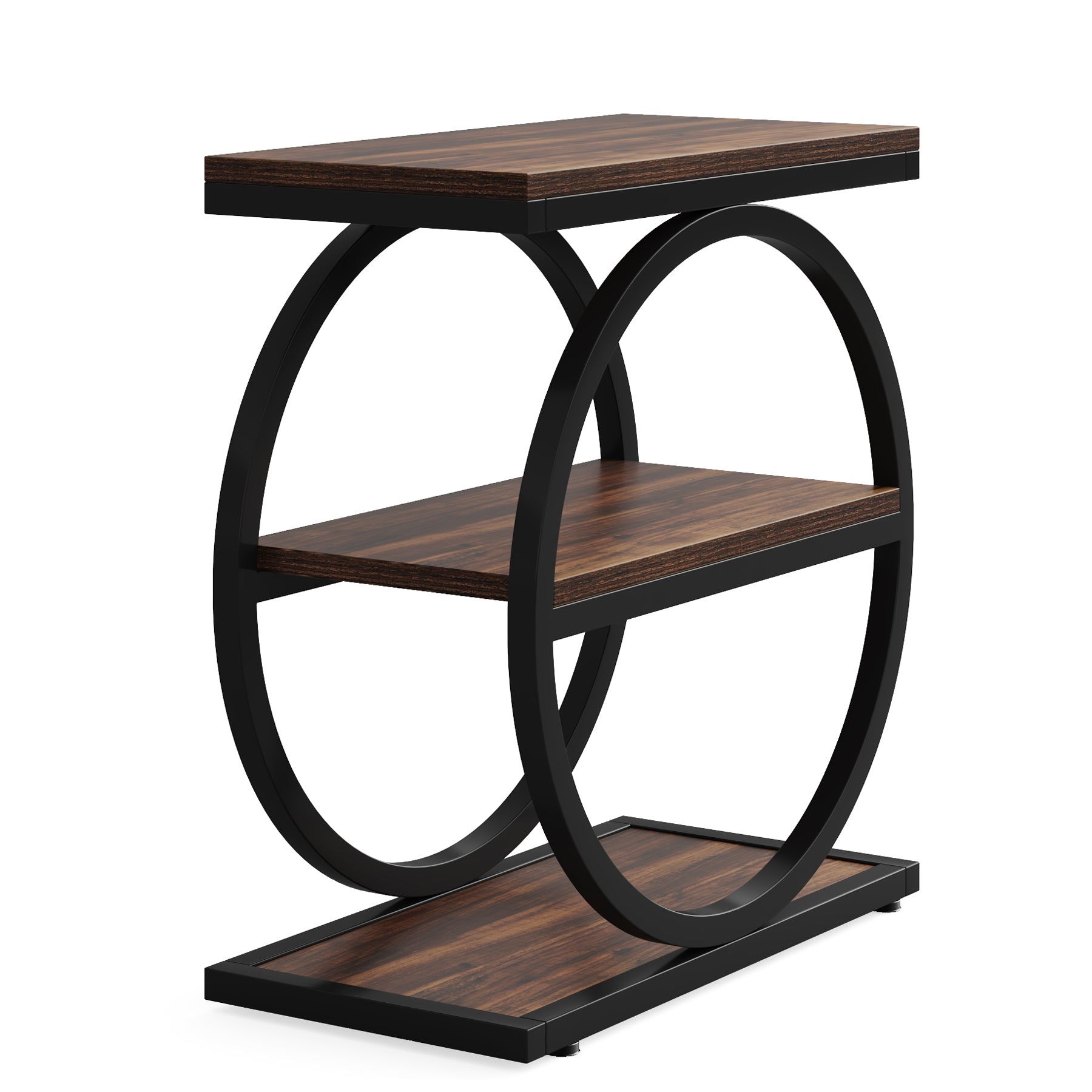 3-Tier End Table, Industrial Sofa Side Table with Round Metal Frame