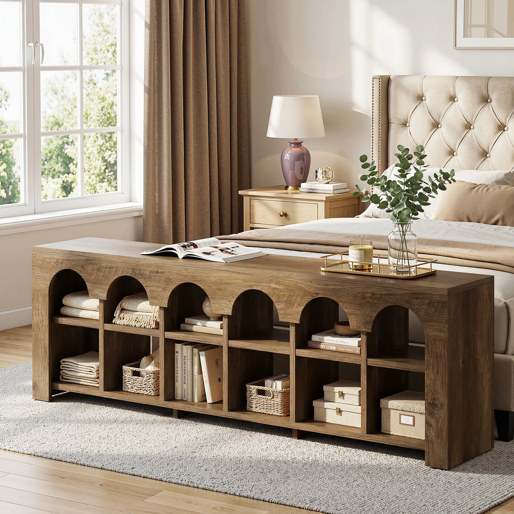 63" Entryway Bench with Shoe Storage, Farmhouse Bench with 12 Cubbies