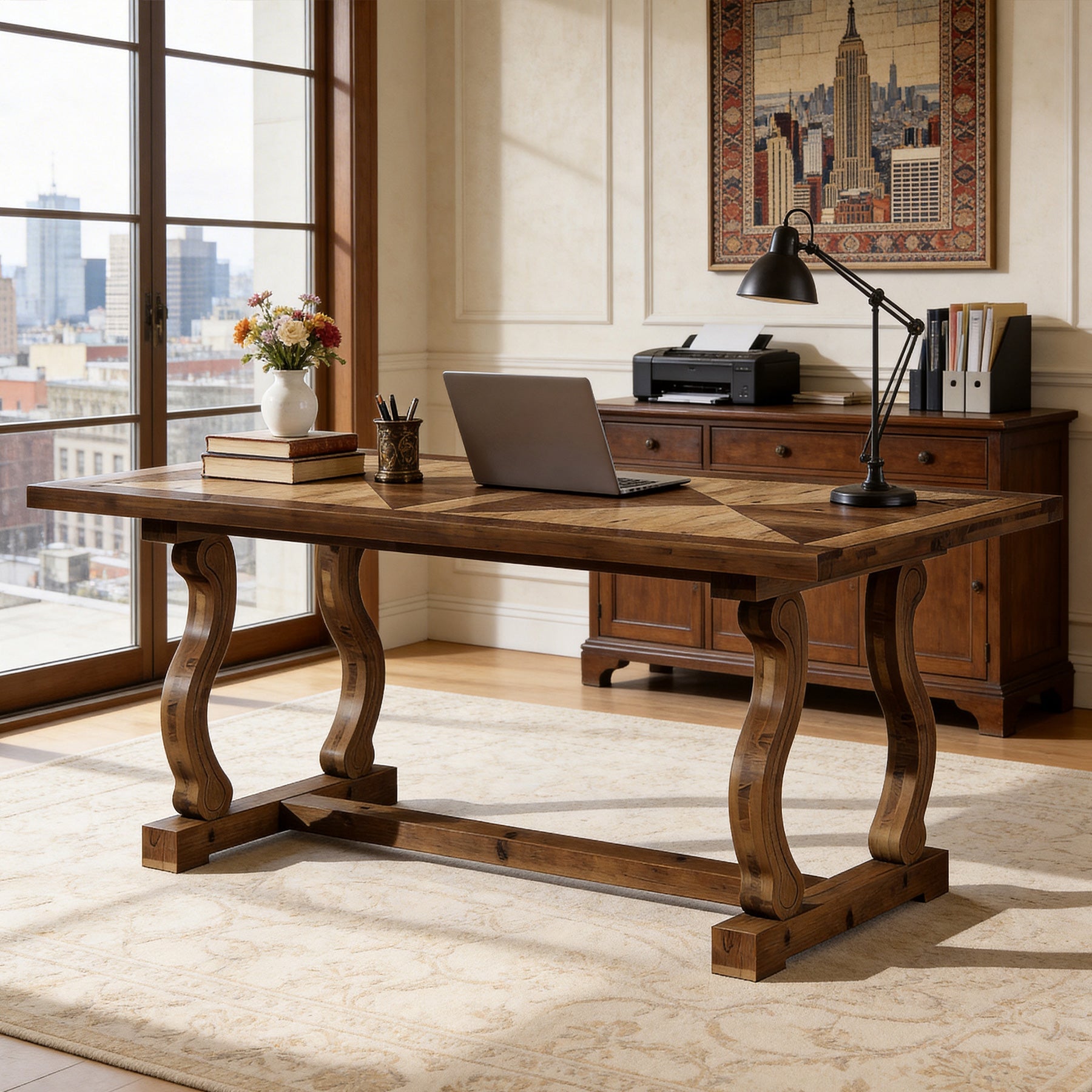 63" Solid Wood Executive Desk, Farmhouse Computer Desk with Parquetry Top & Scroll Legs for Home Office