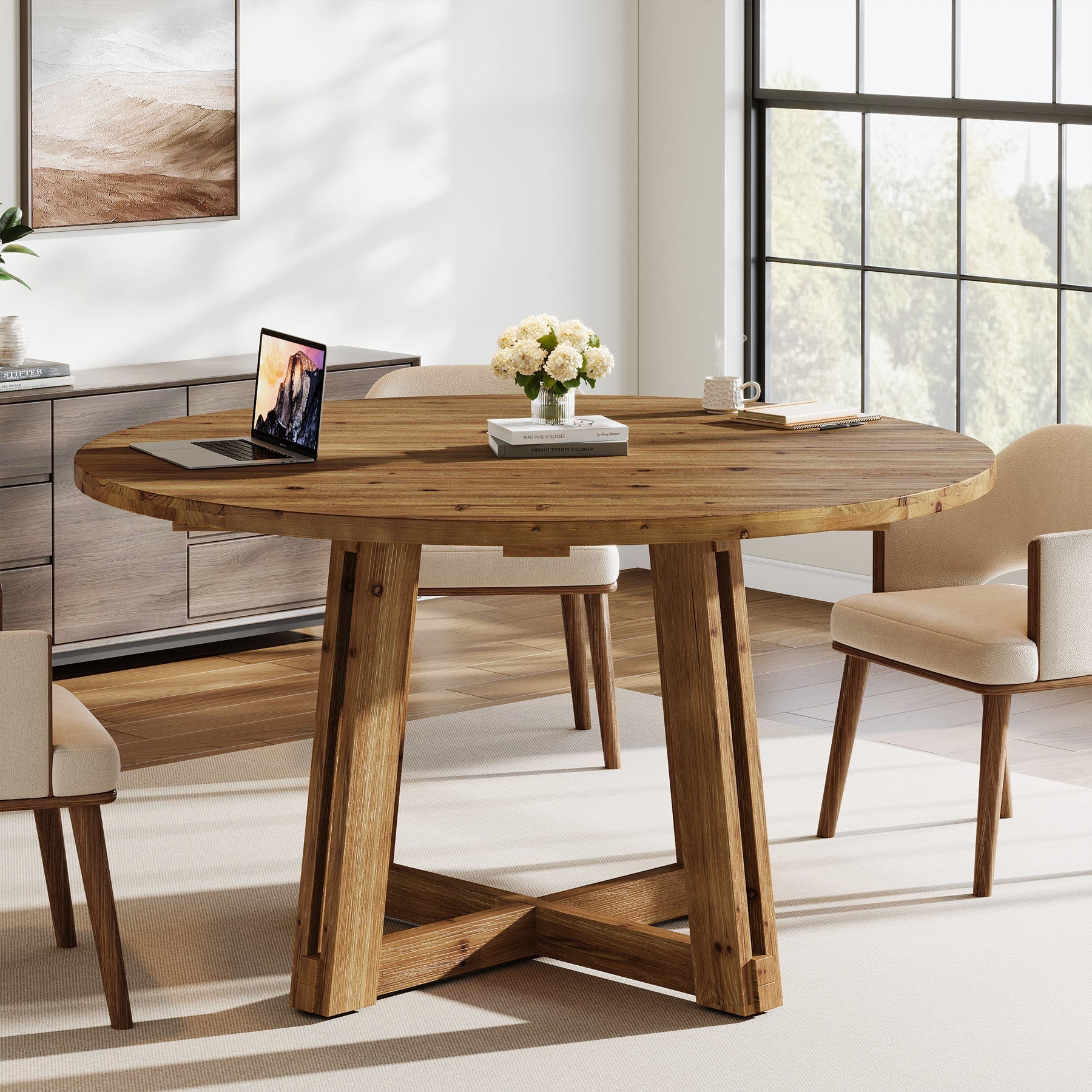 47"  Solid Wood Conference Table, Round Meeting Table with Thickened Tabletop