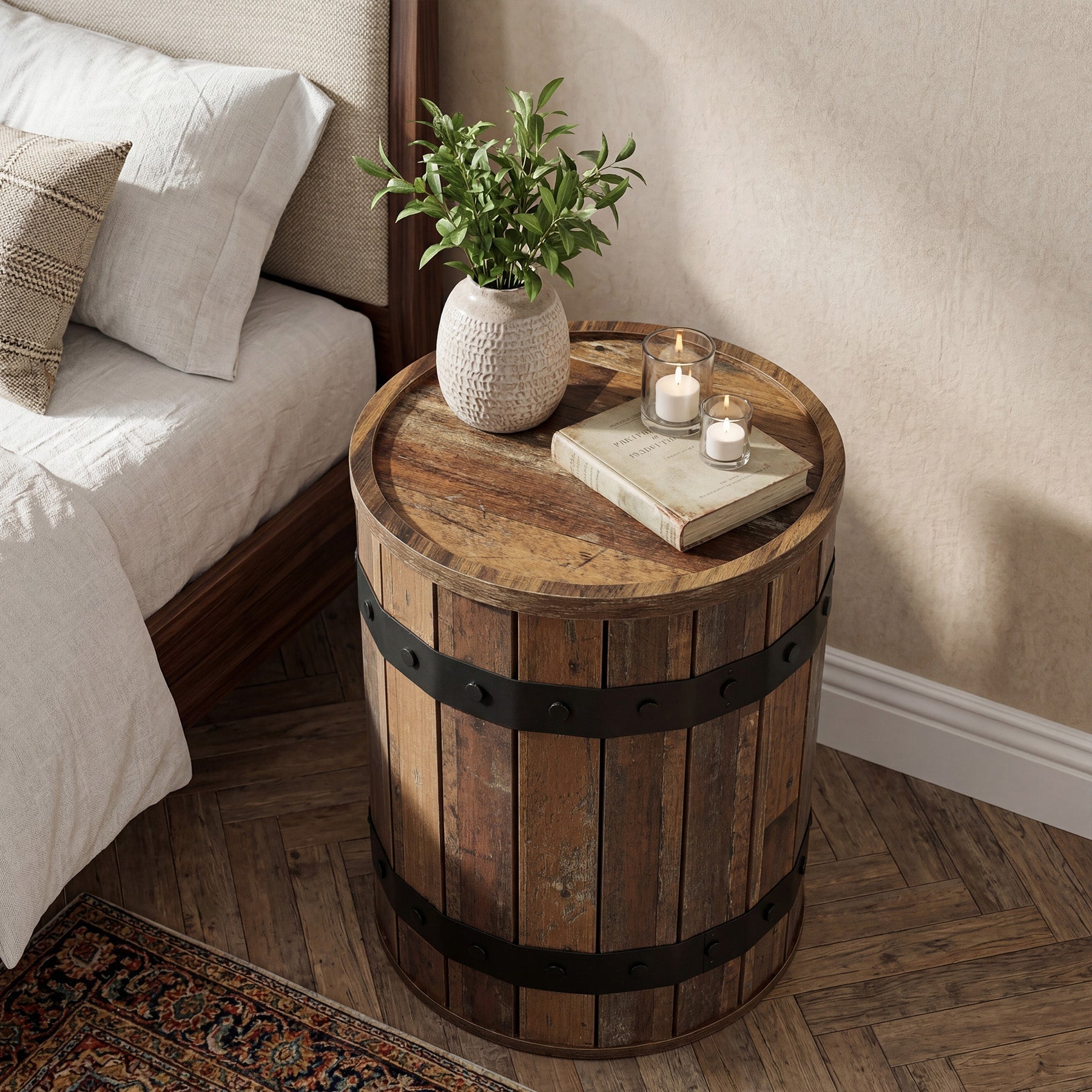19.68" Barrel End Table with Hidden Storage, Round Side Table with Lid for Living Room