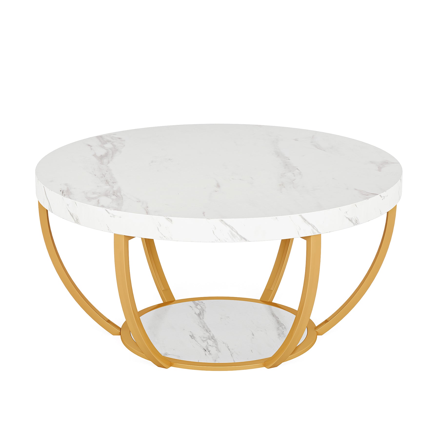 Wooden Coffee Table, 2-Tier Round Central Cocktail Table with Shelves