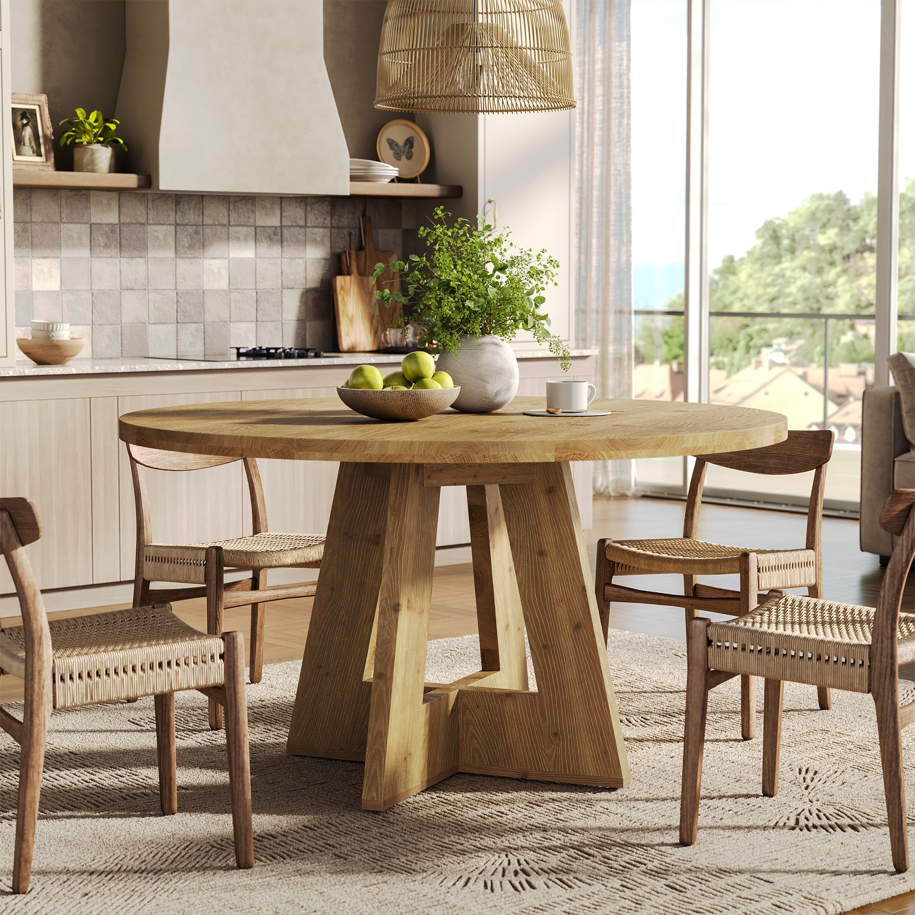 Solid Wood Round Dining Table for 4-6, 47" Farmhouse Kitchen Table for Dining Room
