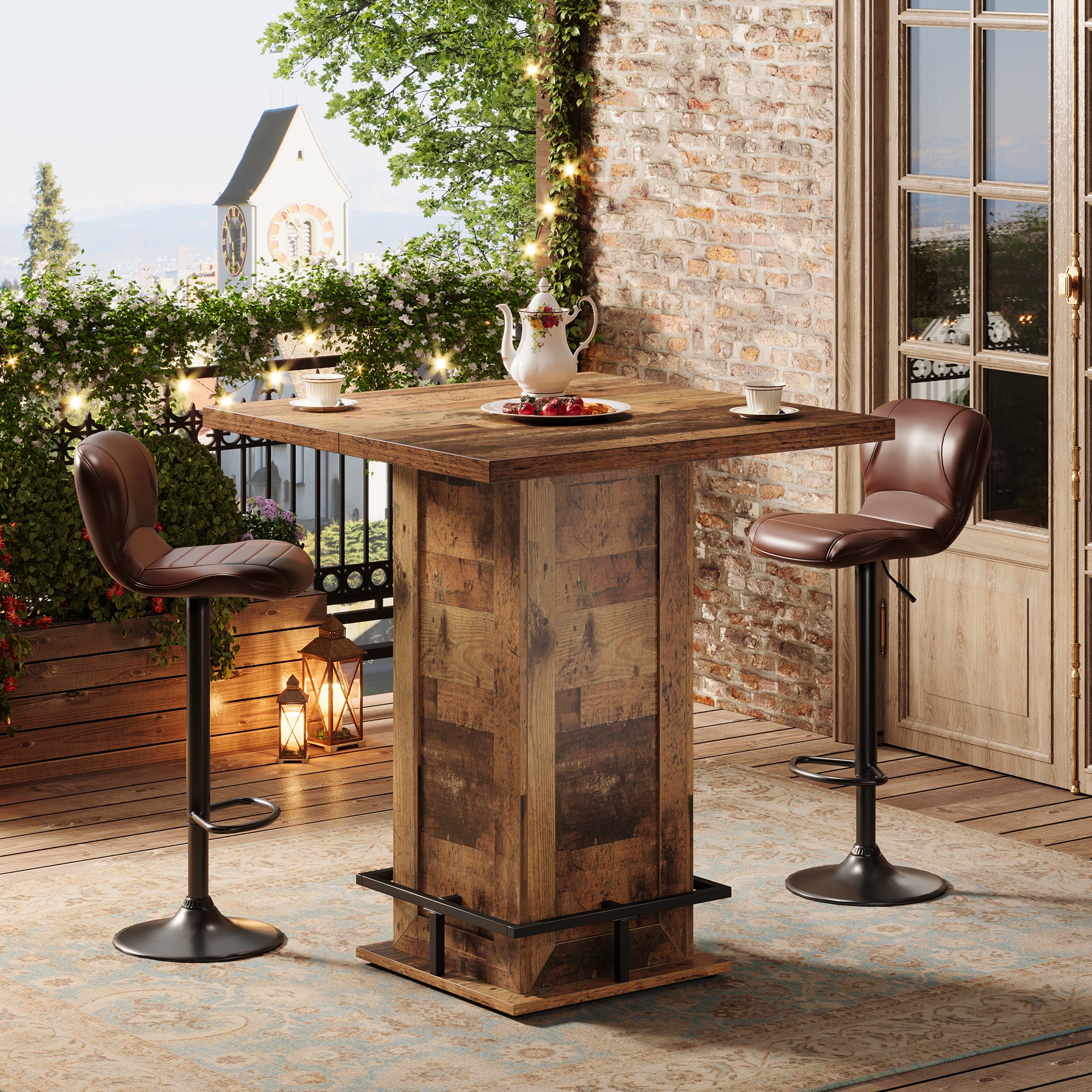 39.4" H Square Bar Table, Industrial High Top Bistro Pub Table with Metal Footrest