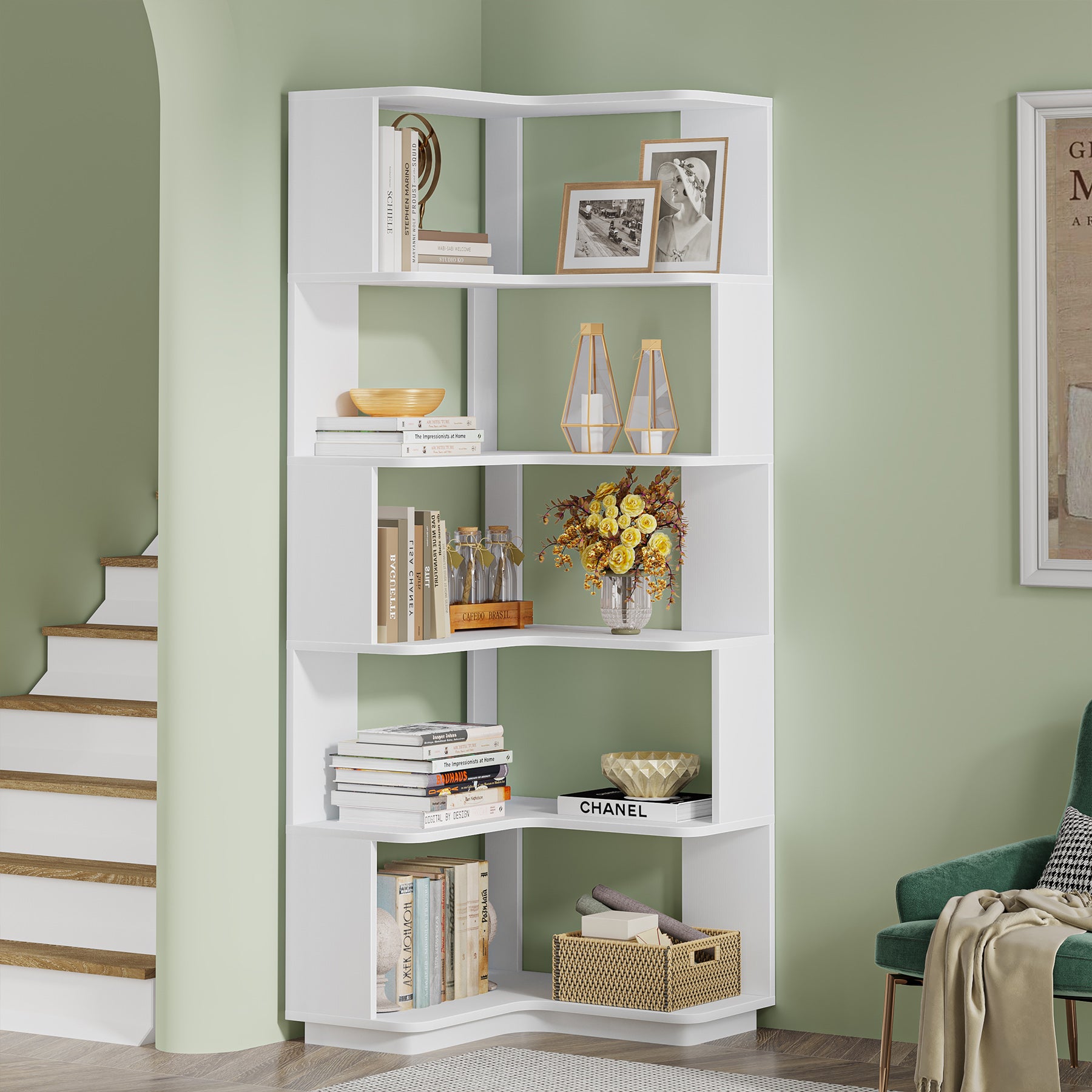 6-Tier Corner Bookshelf, 64.96" Corner Bookcase with Anti-Drop Panel