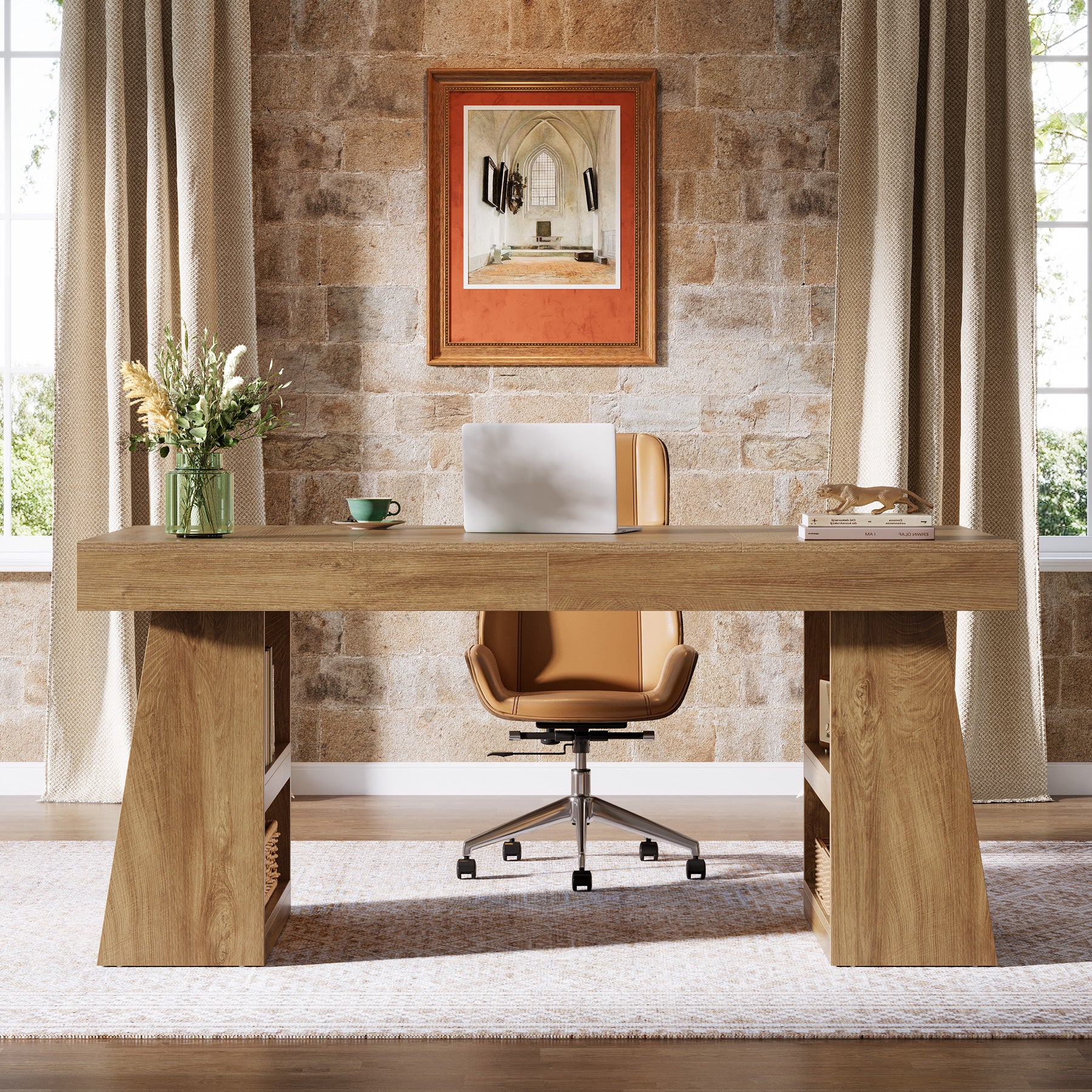 55" Executive Desk with Drawer, Farmhouse Computer Desk with Storage Shelves for Home Office