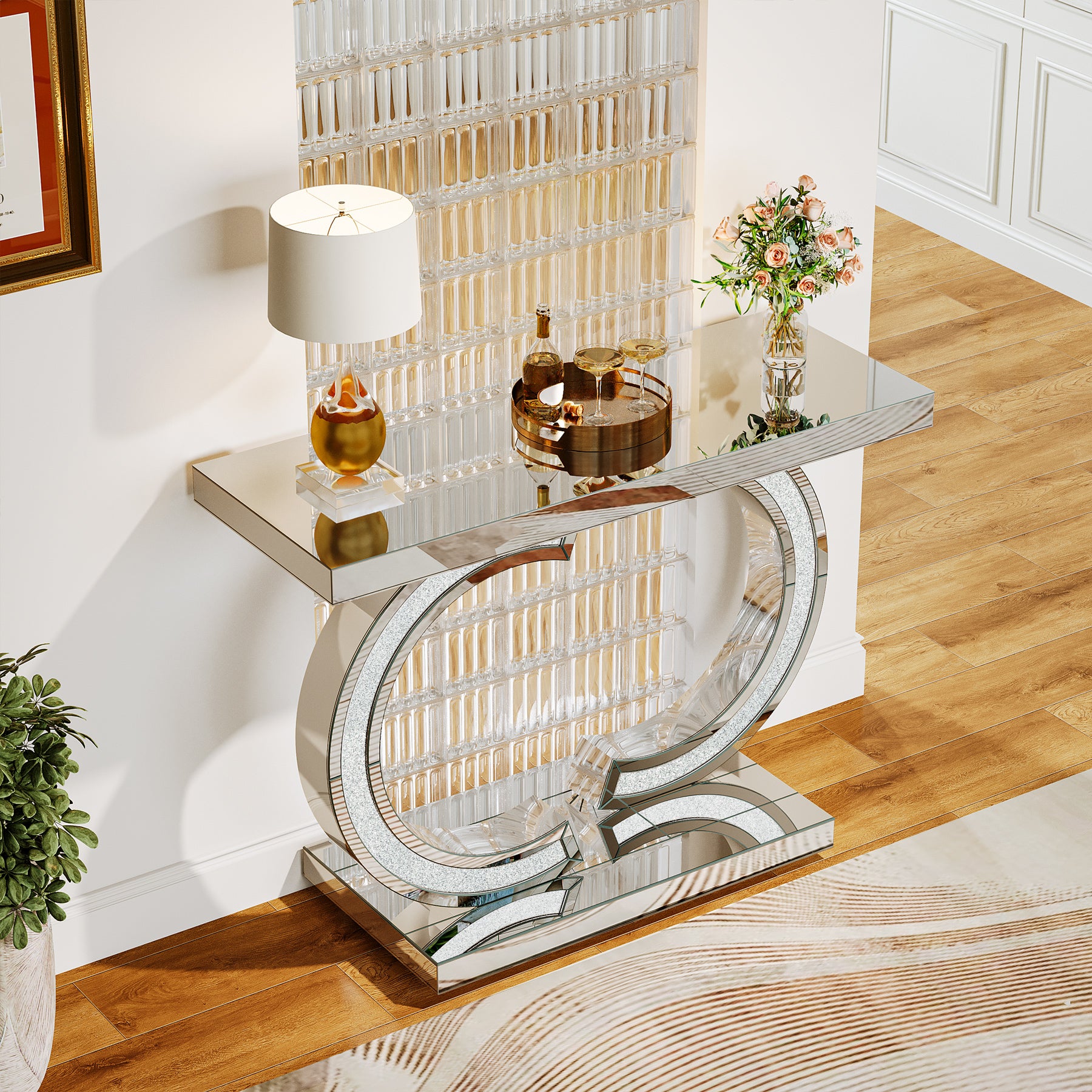 39" Console Table, Modern Mirrored Sofa Table with C-Shaped Base