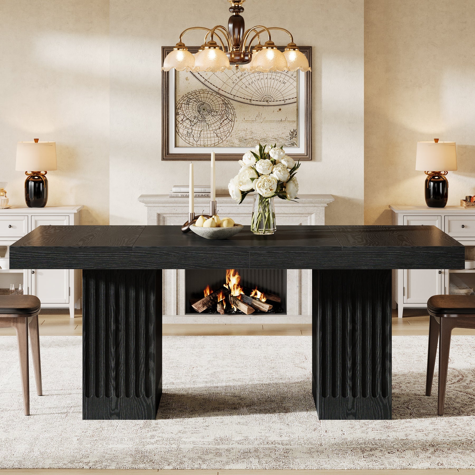 63" Dining Table for 4-6 People, Rectangular Kitchen Table with  Double Pedestal
