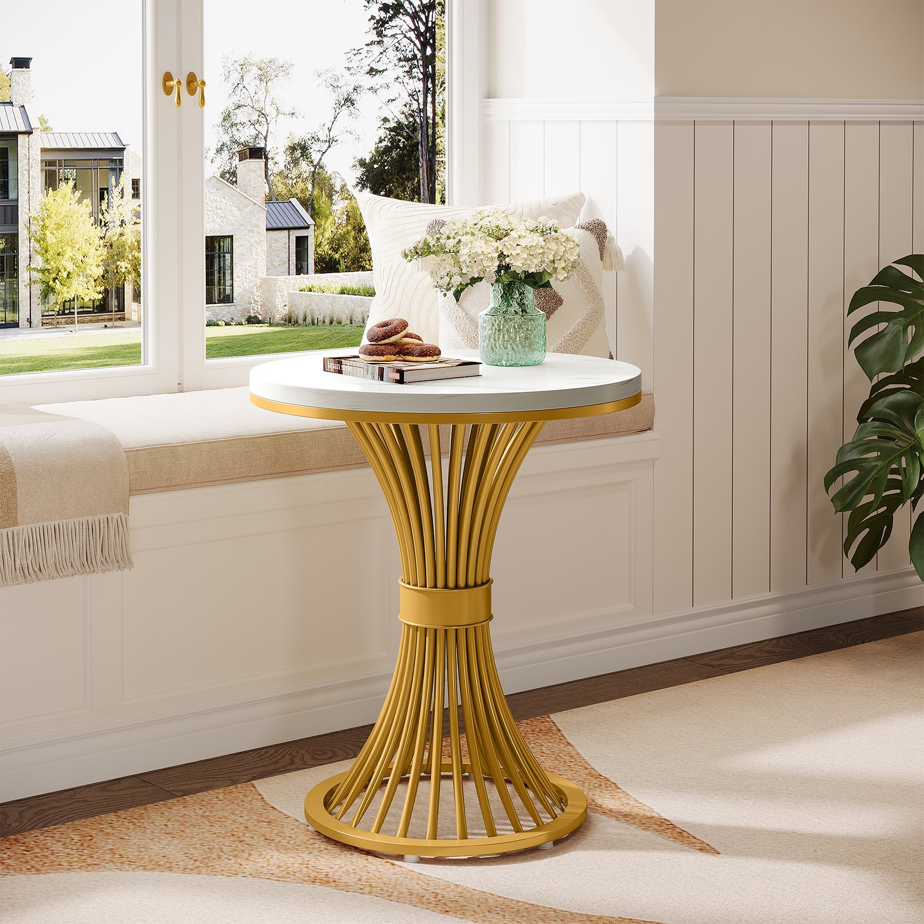 19.69" Round End Table, Faux Marble Side Table with Gold Metal Base