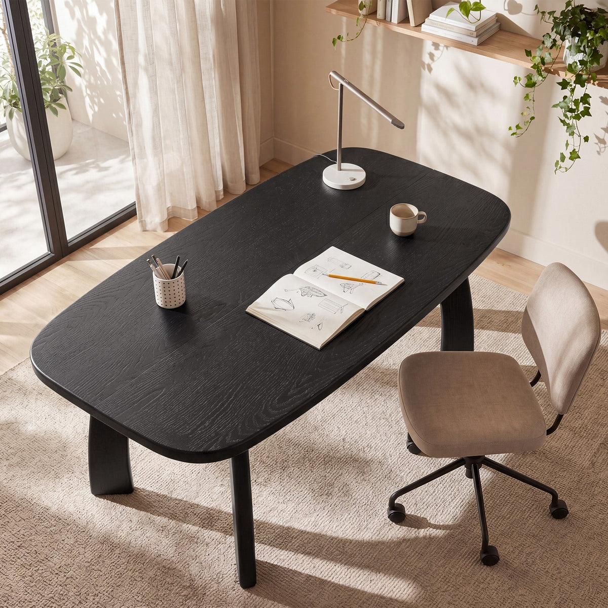 63" Solid Wood Computer Desk, Modern Office Desk with Boat-Shaped Top for Home Office