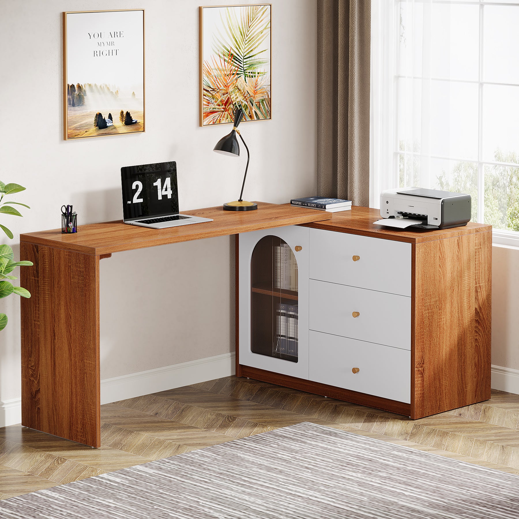 L-Shaped Computer Desk, Corner Office Desk with Reversible Storage Cabinet