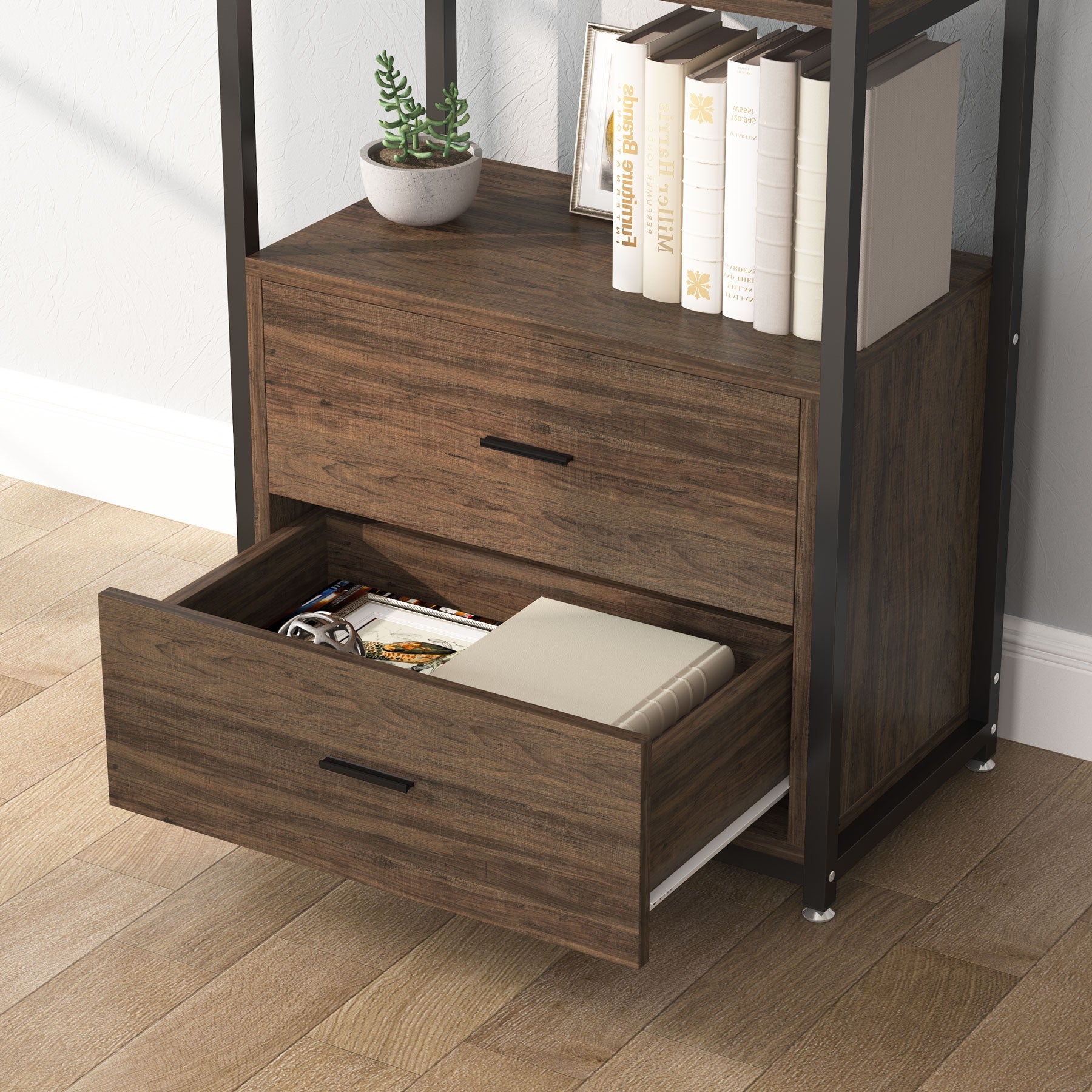 Tribesigns Bookshelf, Rustic Etagere Bookcase with Drawers & Shelves Tribesigns
