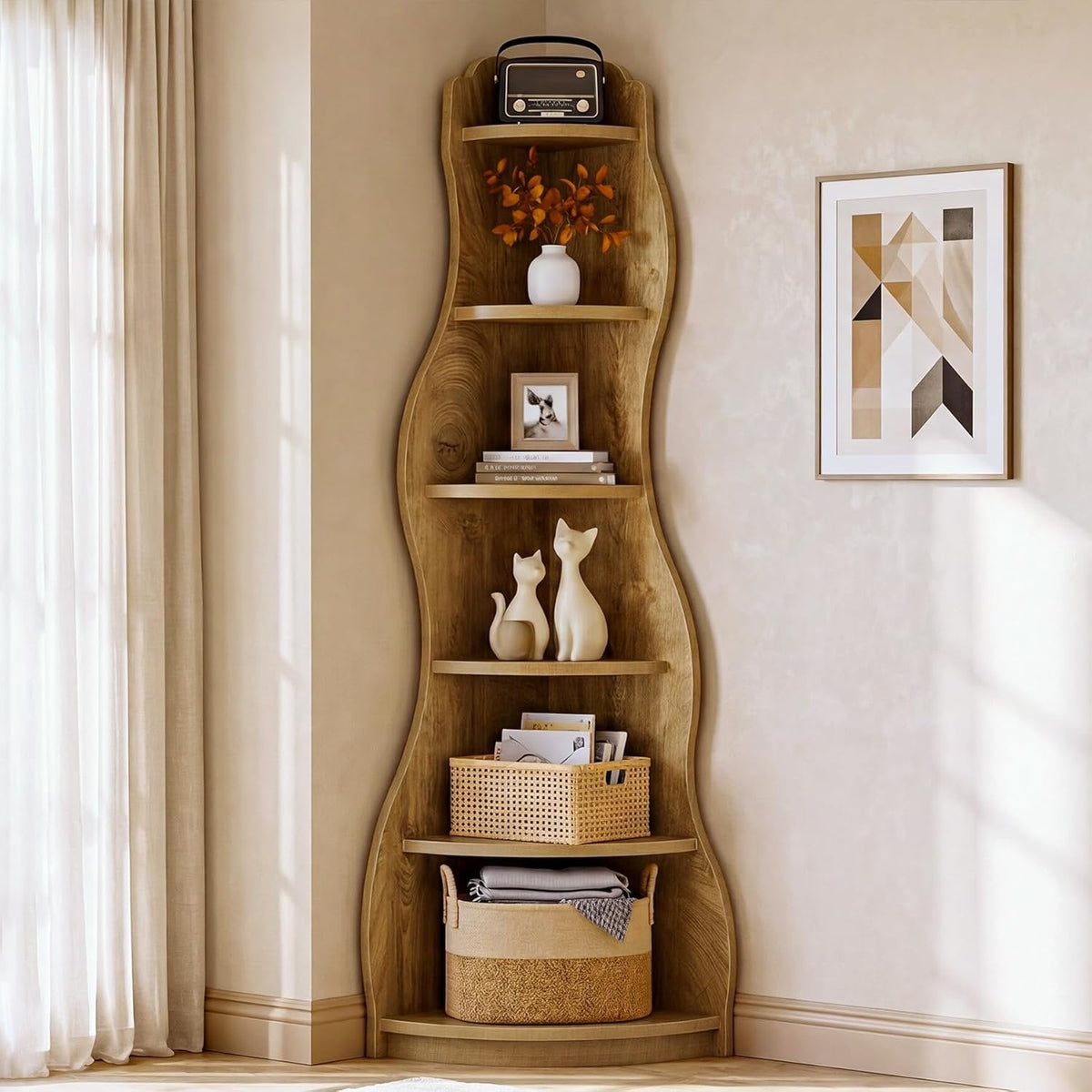 6-Tier Corner Shelf Stand, Tall Bookshelf with Curvy Shape for Living Room