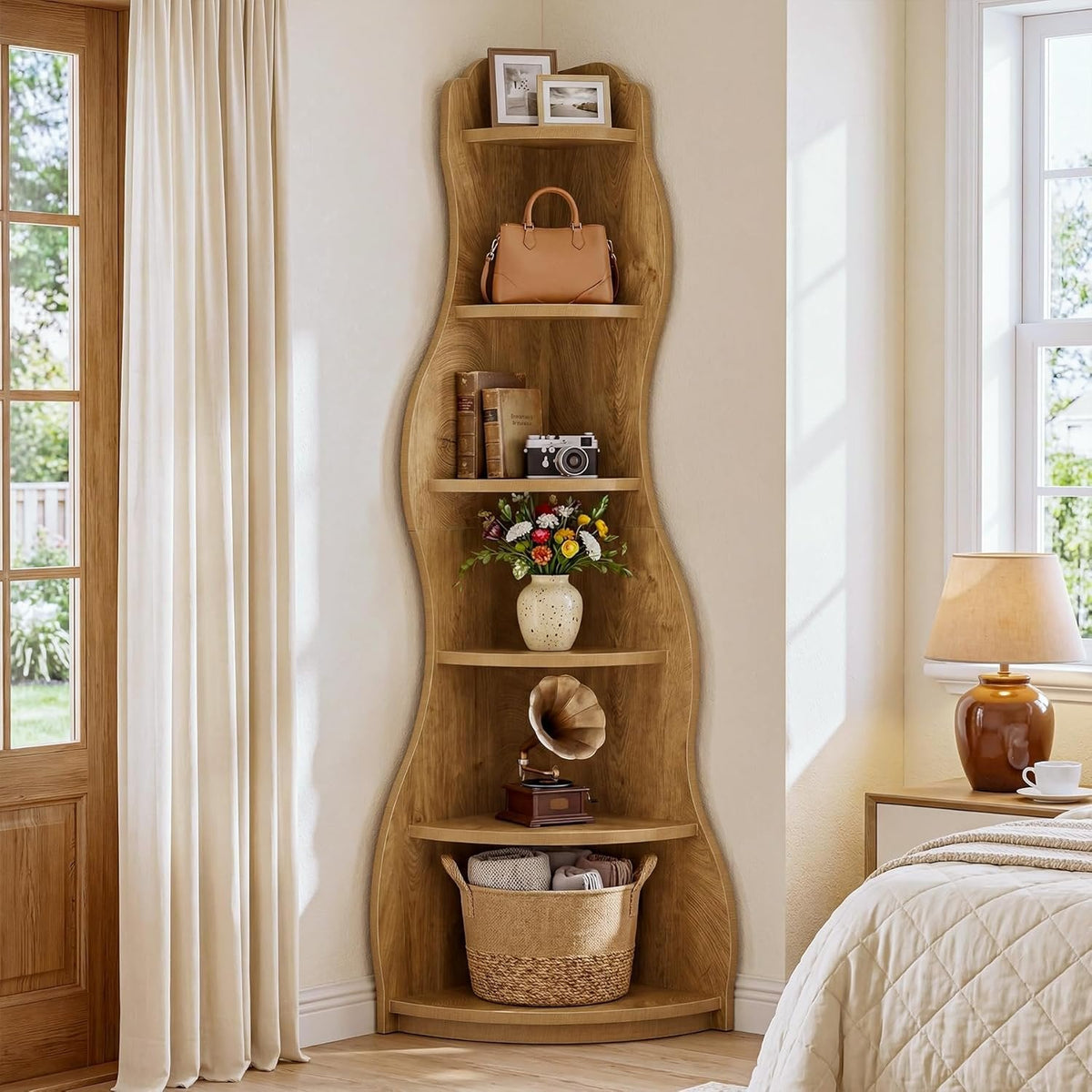 6-Tier Corner Shelf Stand, Tall Bookshelf with Curvy Shape for Living Room