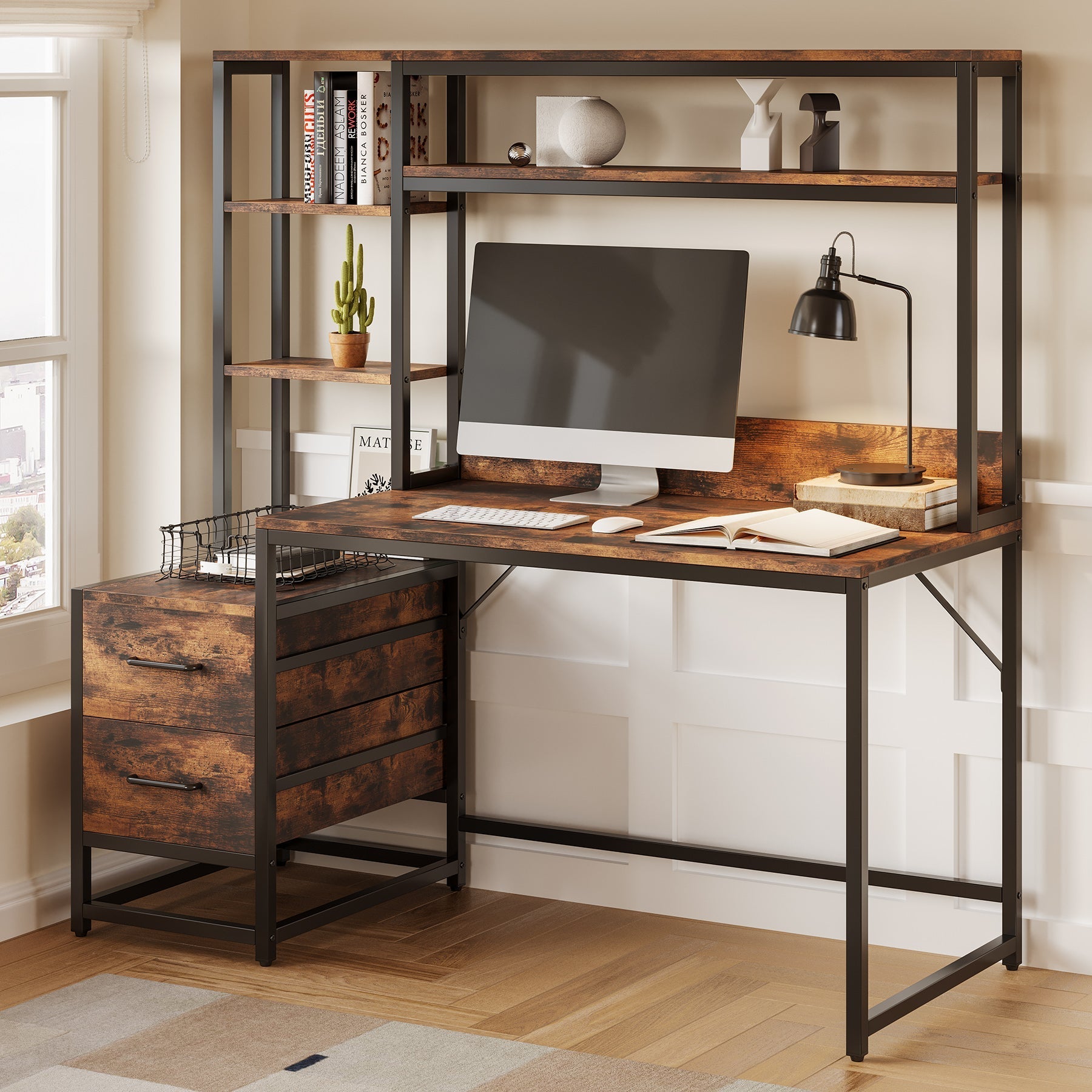 60" Tall Computer Desk Writing Table with 2 Drawers and Storage Shelves