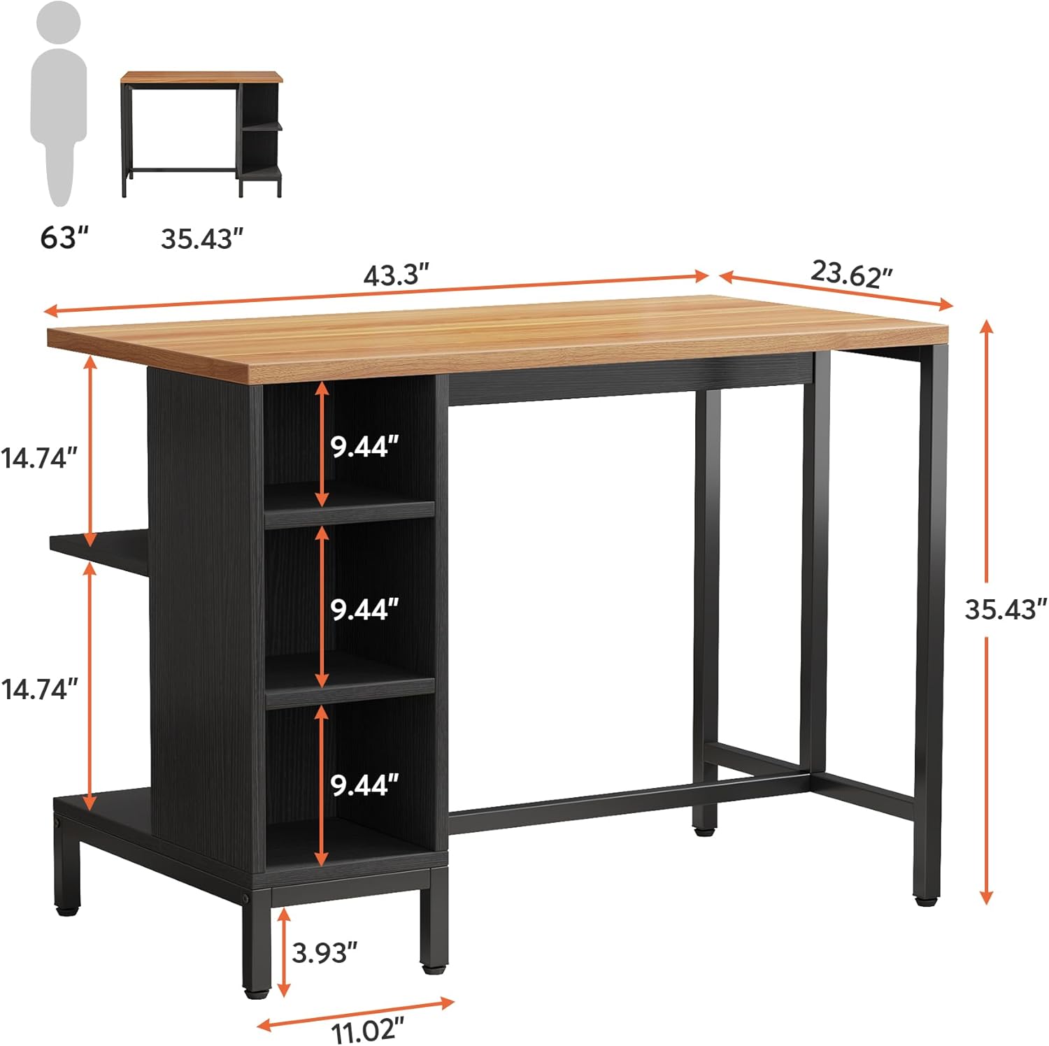 43" Kitchen Island Kitchen Counter Table with 5 Open Shelves