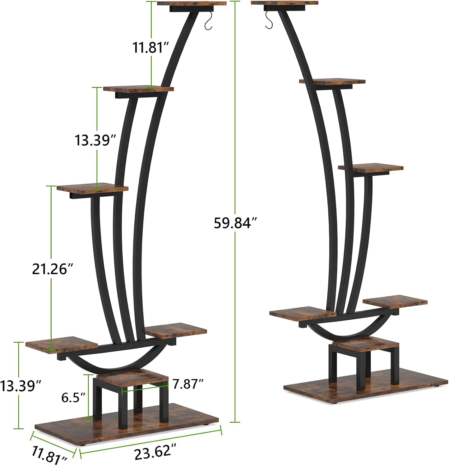 6-Tier Plant Stand Pack of 2, Metal Curved Display Shelf with 2 Hanging Hooks