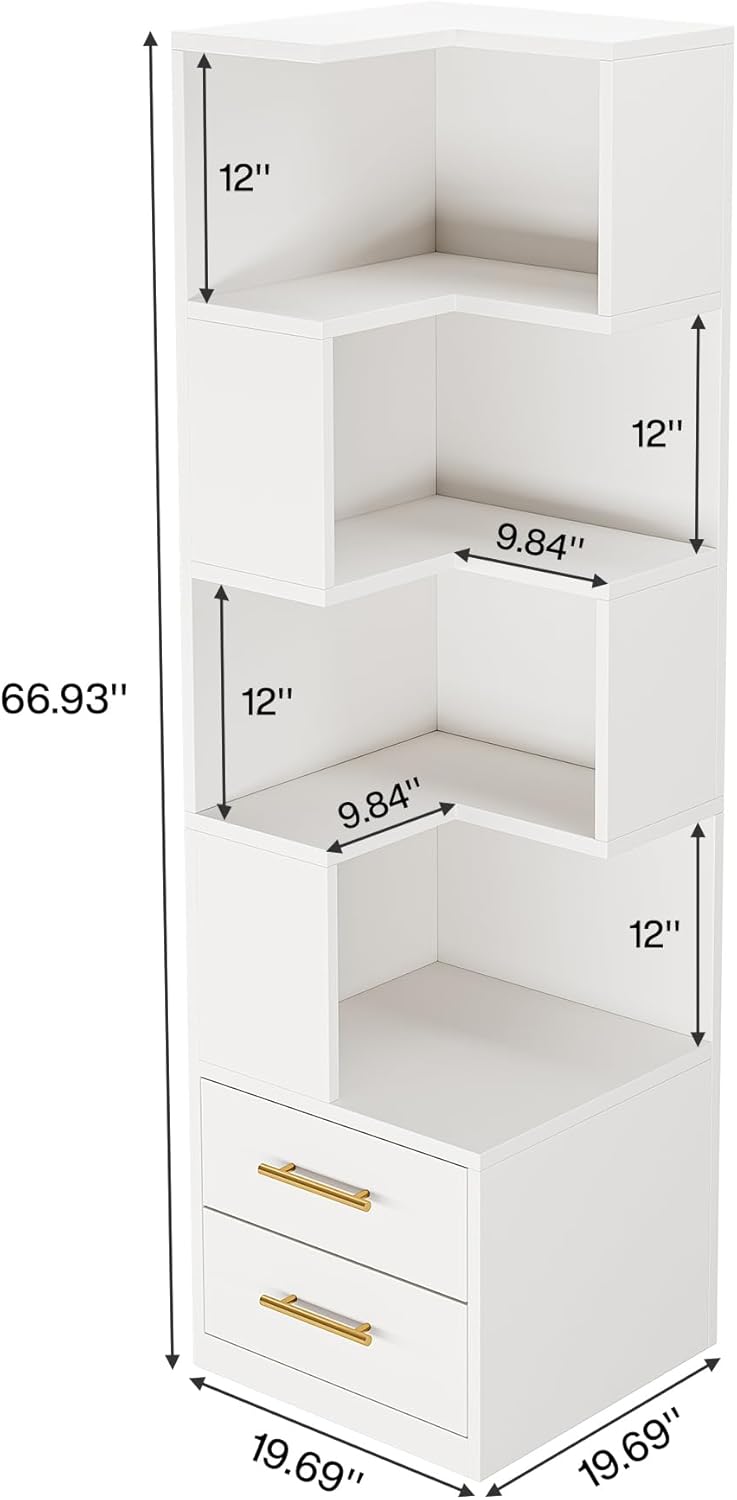 66.9" L-Shaped Bookshelf, Corner Bookcase With 5-Tier Shelf And 2 Drawers