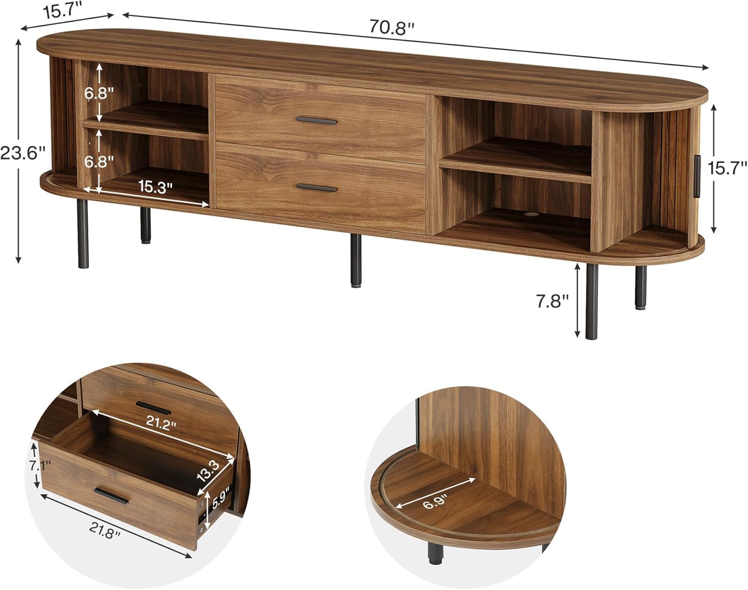 70" TV Stand, Modern Media Console with Storage and Sliding Tambour Door