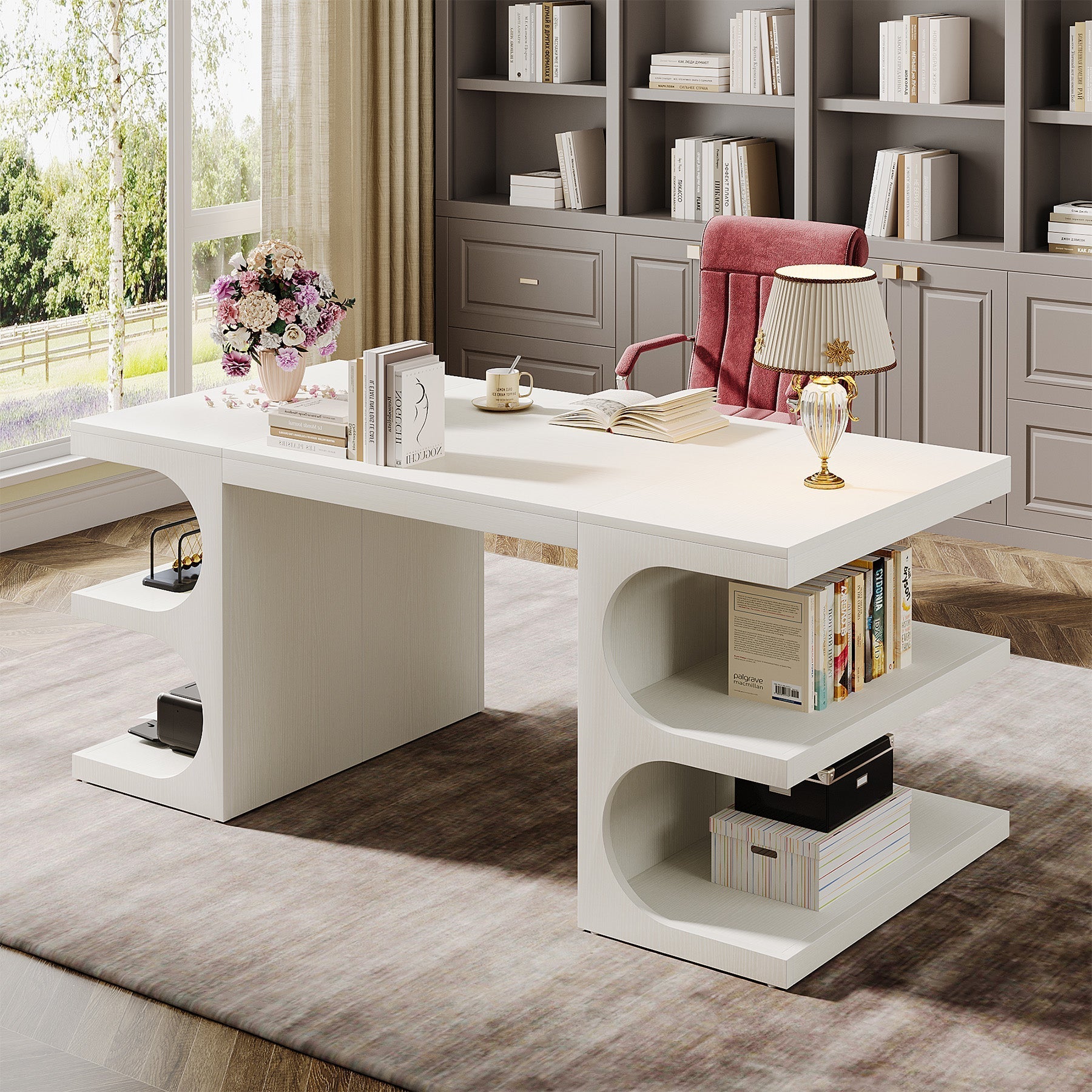 62" Executive Desk, Modern Office Computer Desk with Storage Shelves Tribesigns
