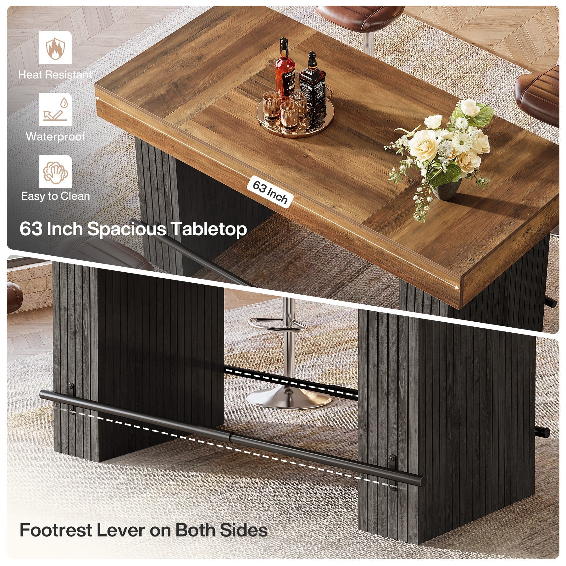 63" Bar Table, Industrial Counter Height Pub Dining Table Tribesigns