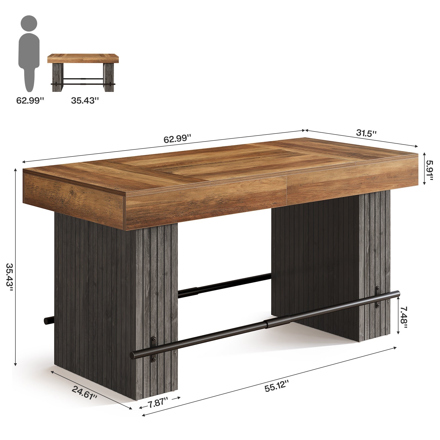 63" Bar Table, Industrial Counter Height Pub Dining Table Tribesigns
