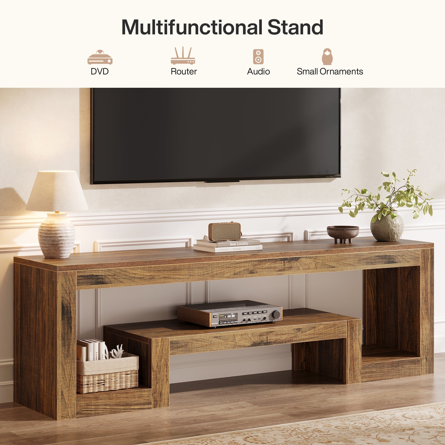 63" Center TV Stand, Vintage Entertainment Center Media Console Stand Tribesigns