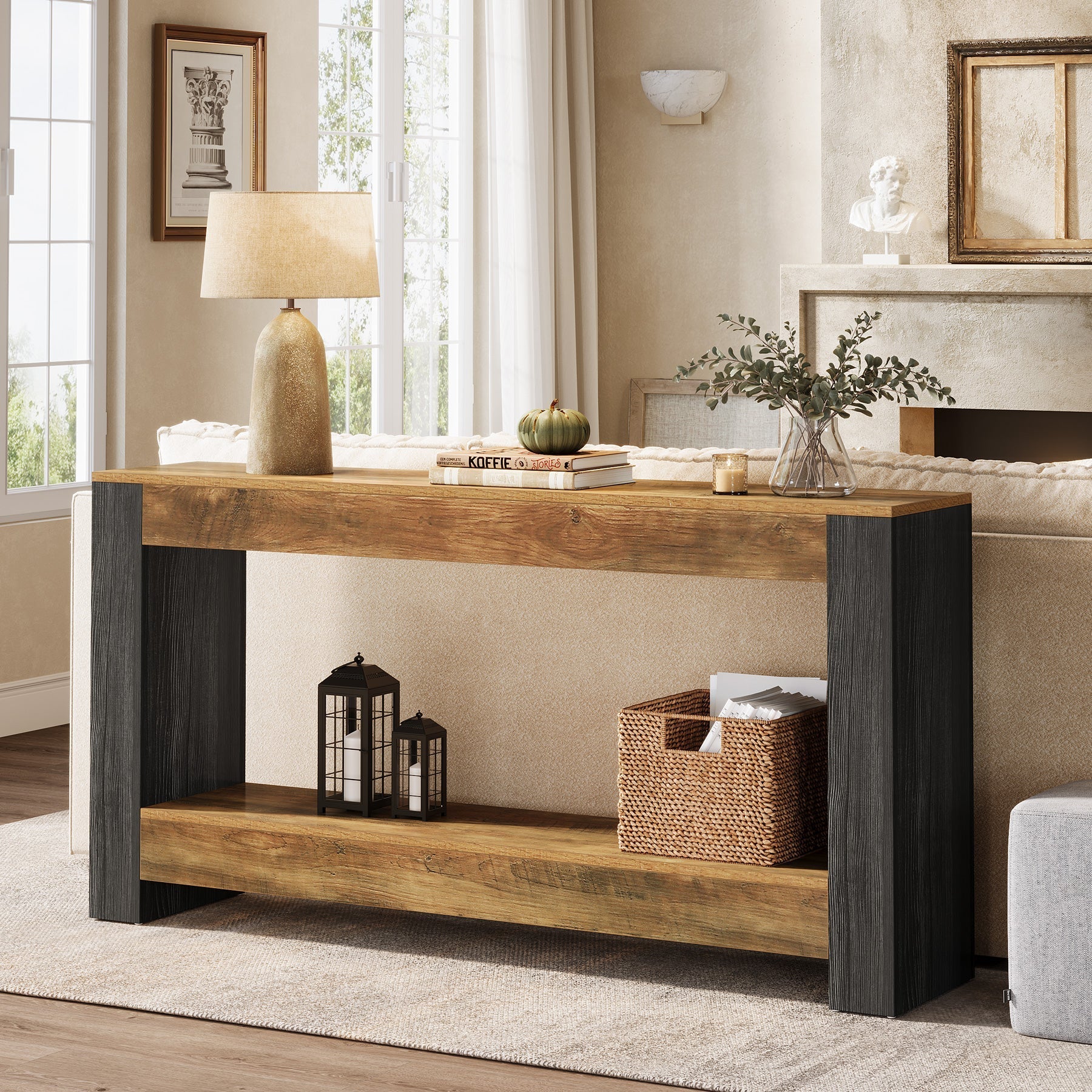 63" Console Table, Farmhouse Wood Sofa Table Behind Couch Tribesigns
