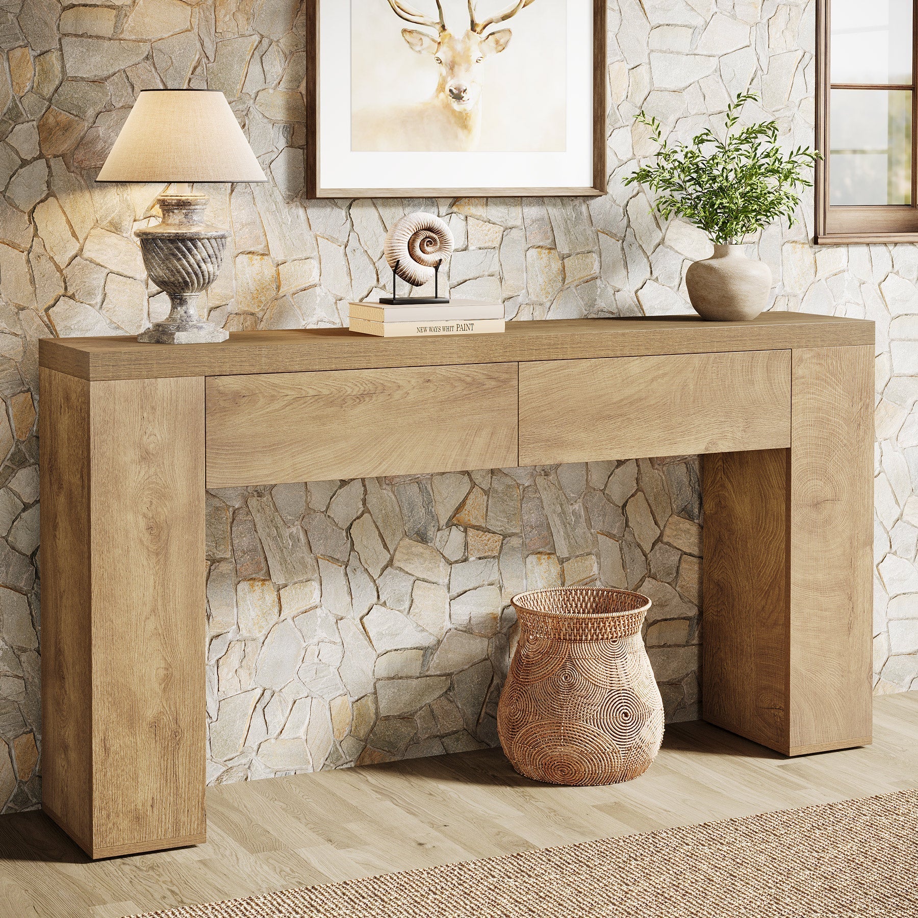 63" Console Table, Rustic Sofa Hallway Table with Drawers Tribesigns