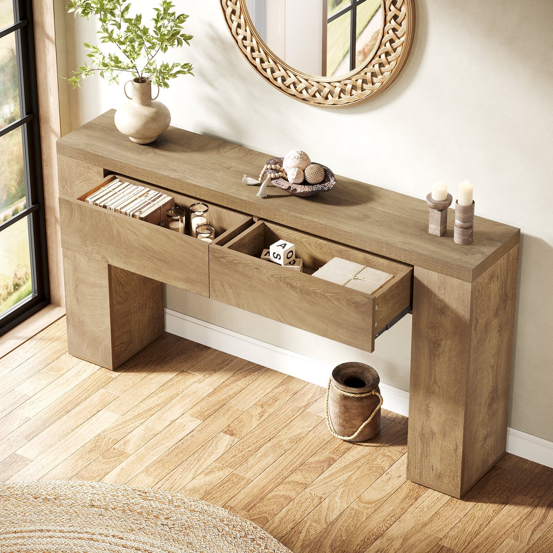 63" Console Table, Rustic Sofa Hallway Table with Drawers Tribesigns