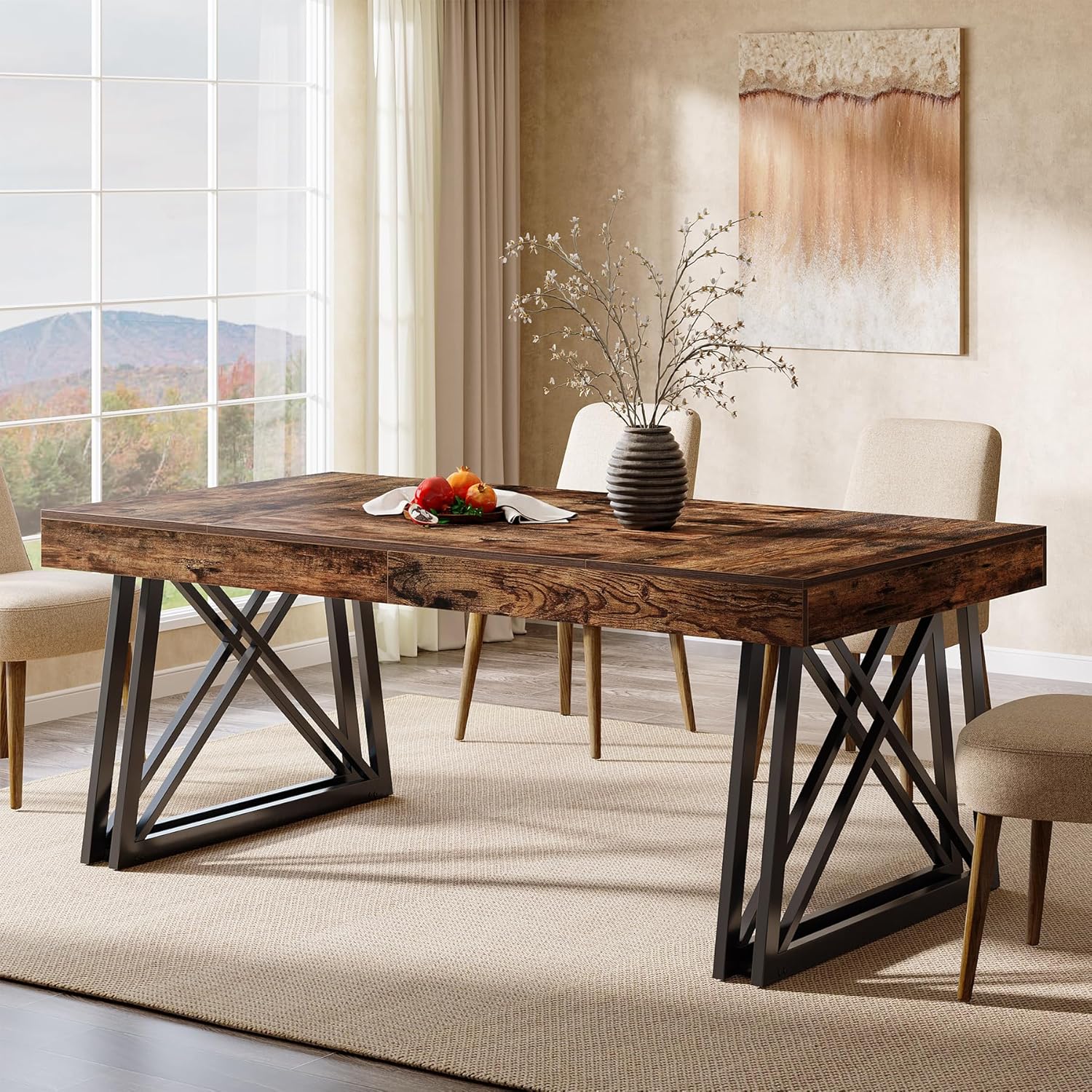 63" Dining Table, Farmhouse Kitchen Table with Sturdy Metal Legs for 4 - 6 Tribesigns