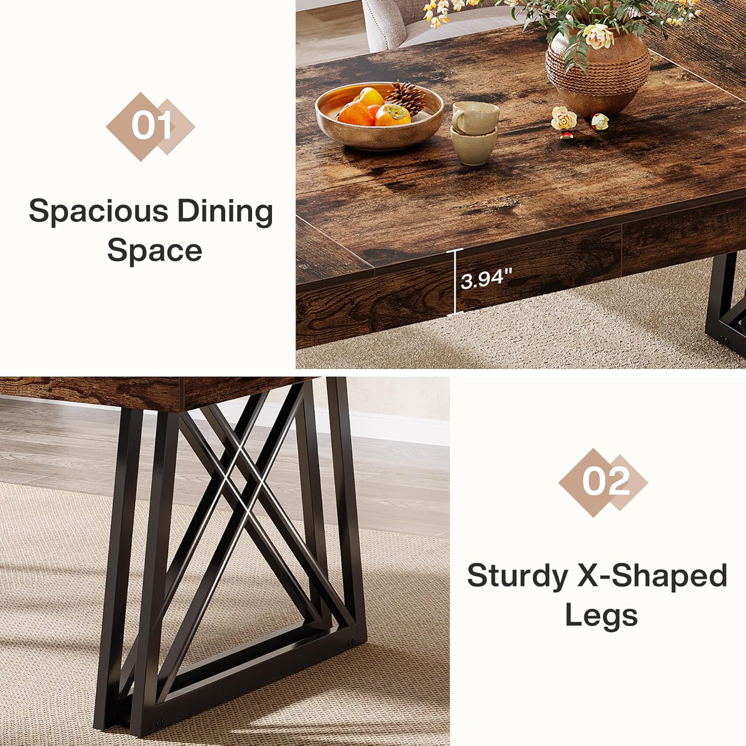 63" Dining Table, Farmhouse Kitchen Table with Sturdy Metal Legs for 4 - 6 Tribesigns