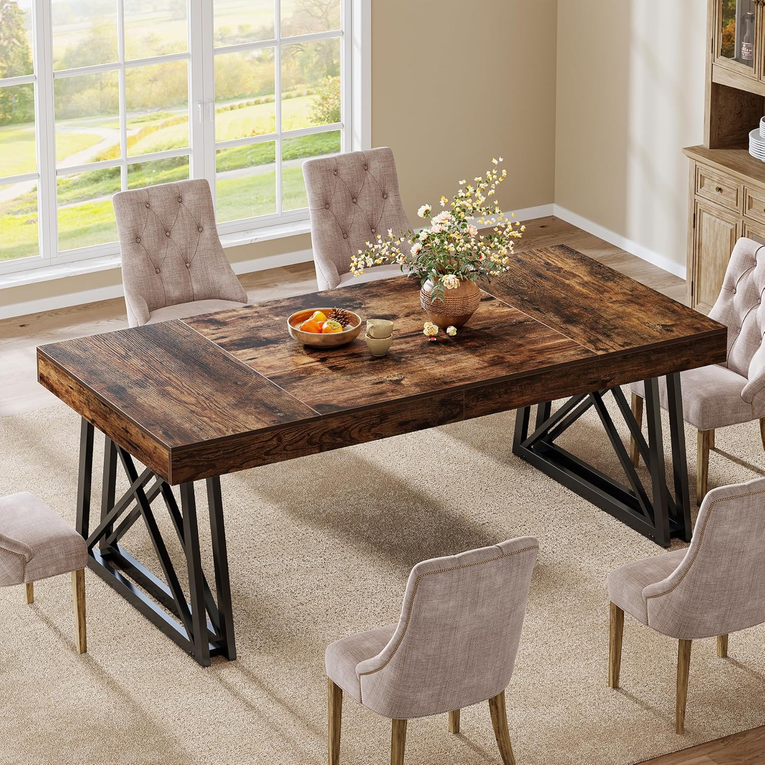 63" Dining Table, Farmhouse Kitchen Table with Sturdy Metal Legs for 4 - 6 Tribesigns