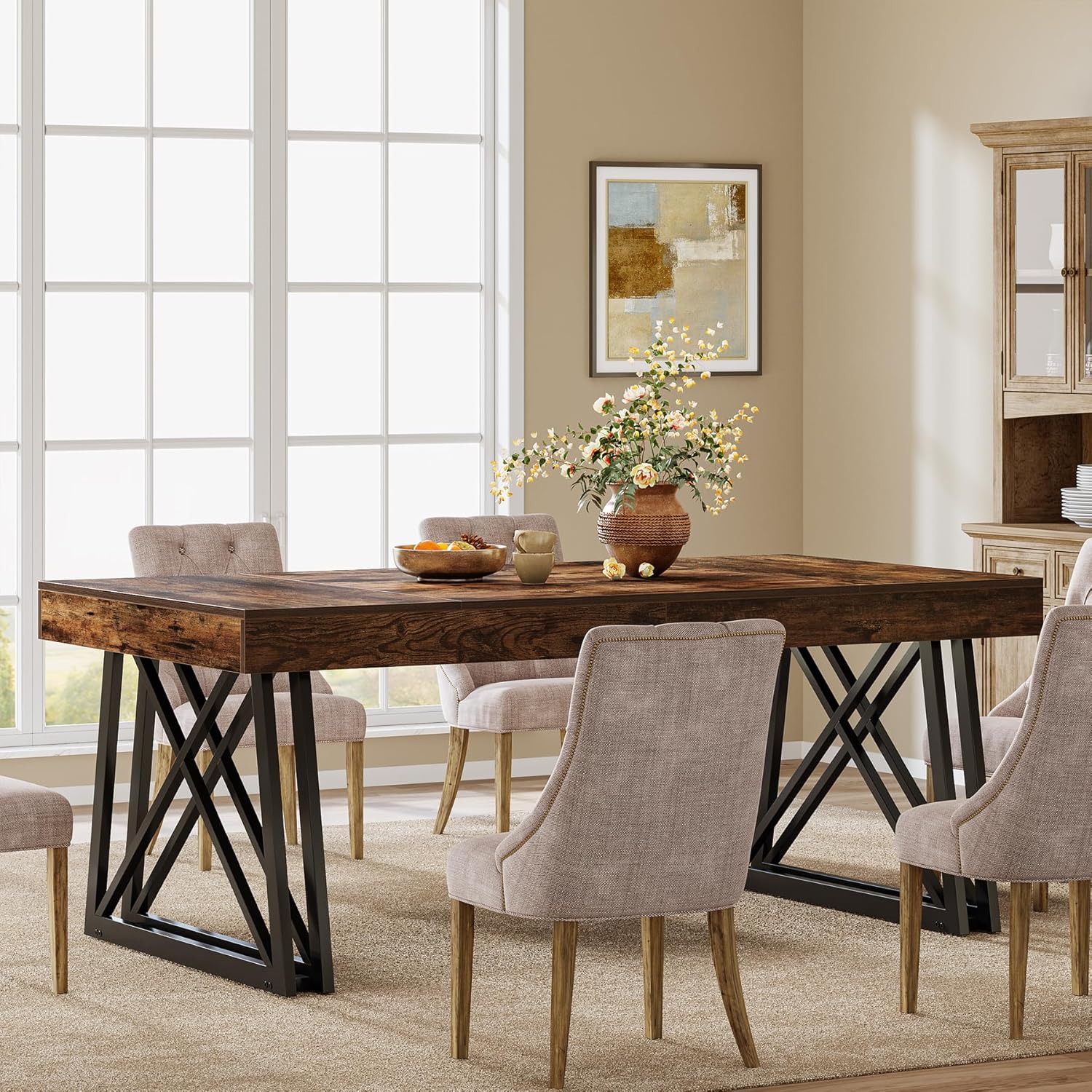 63" Dining Table, Farmhouse Kitchen Table with Sturdy Metal Legs for 4 - 6 Tribesigns