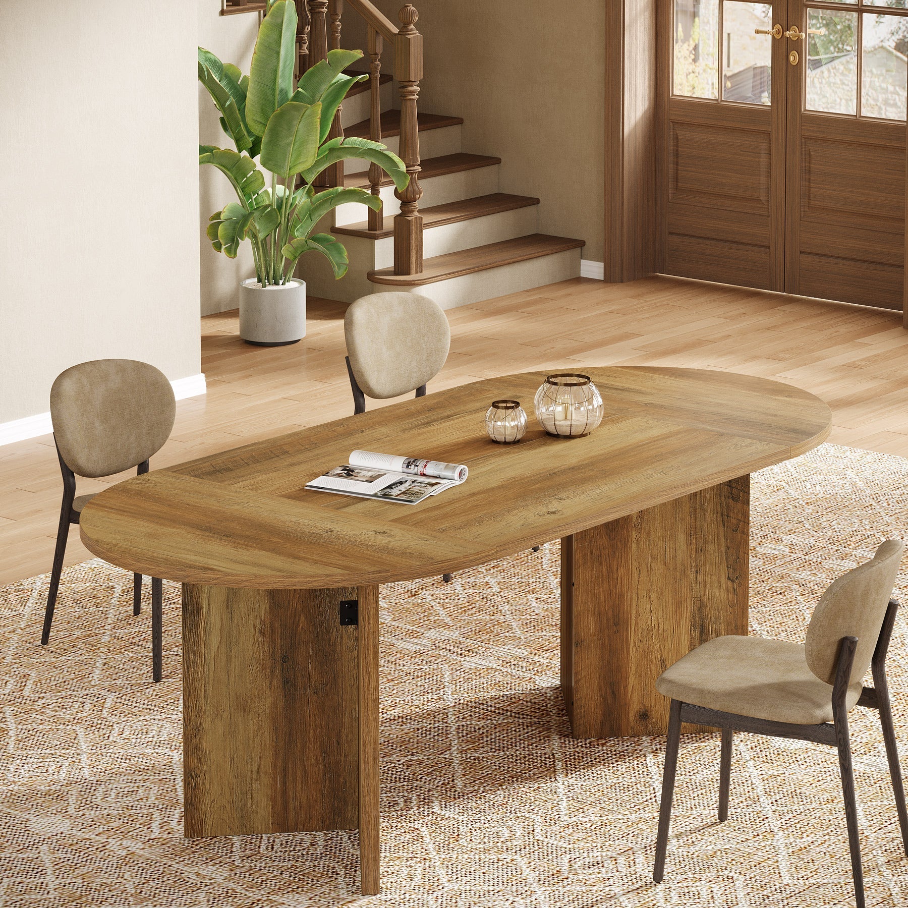 63" Dining Table, Oval Farmhouse Kitchen Table with Strip Base Tribesigns
