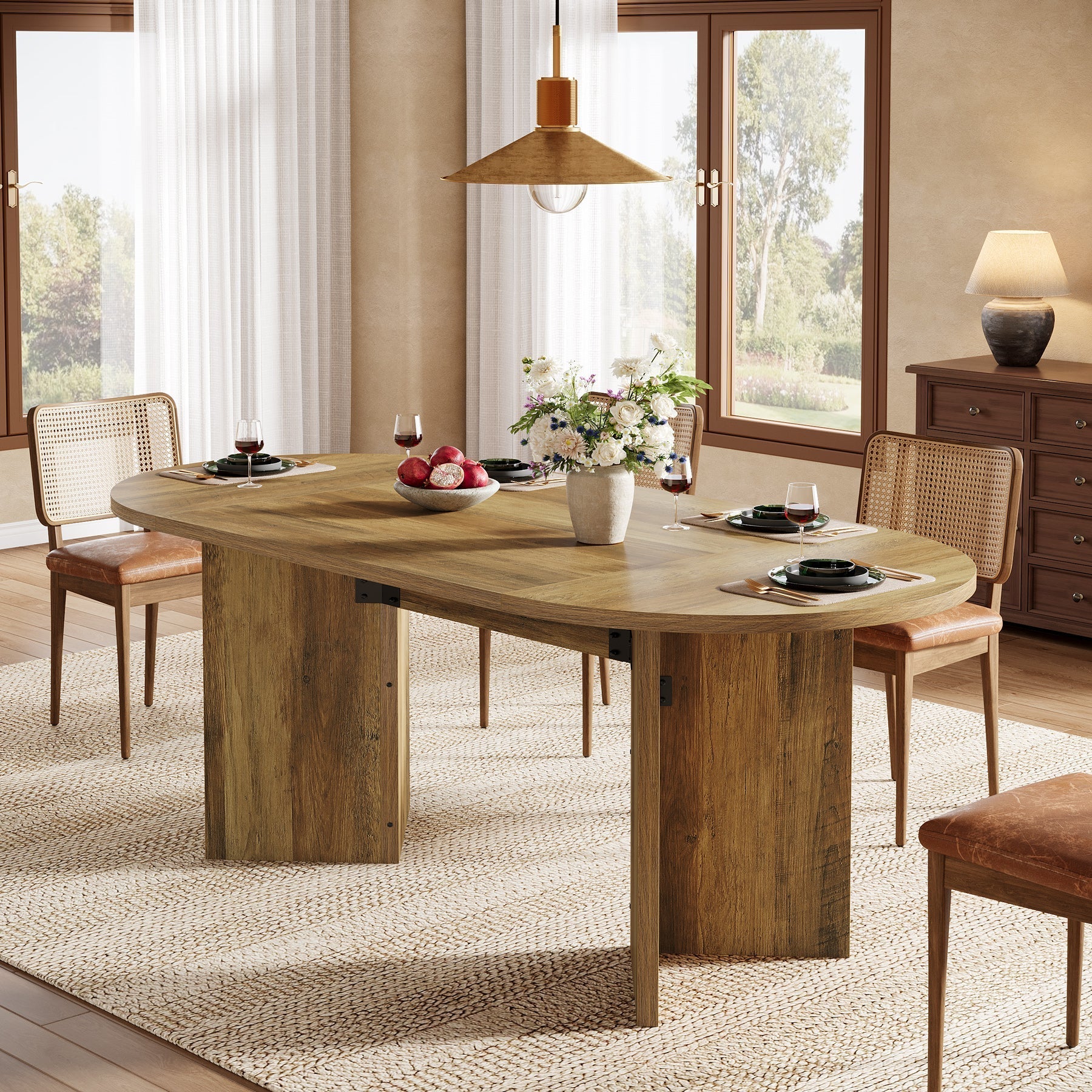 63" Dining Table, Oval Farmhouse Kitchen Table with Strip Base Tribesigns