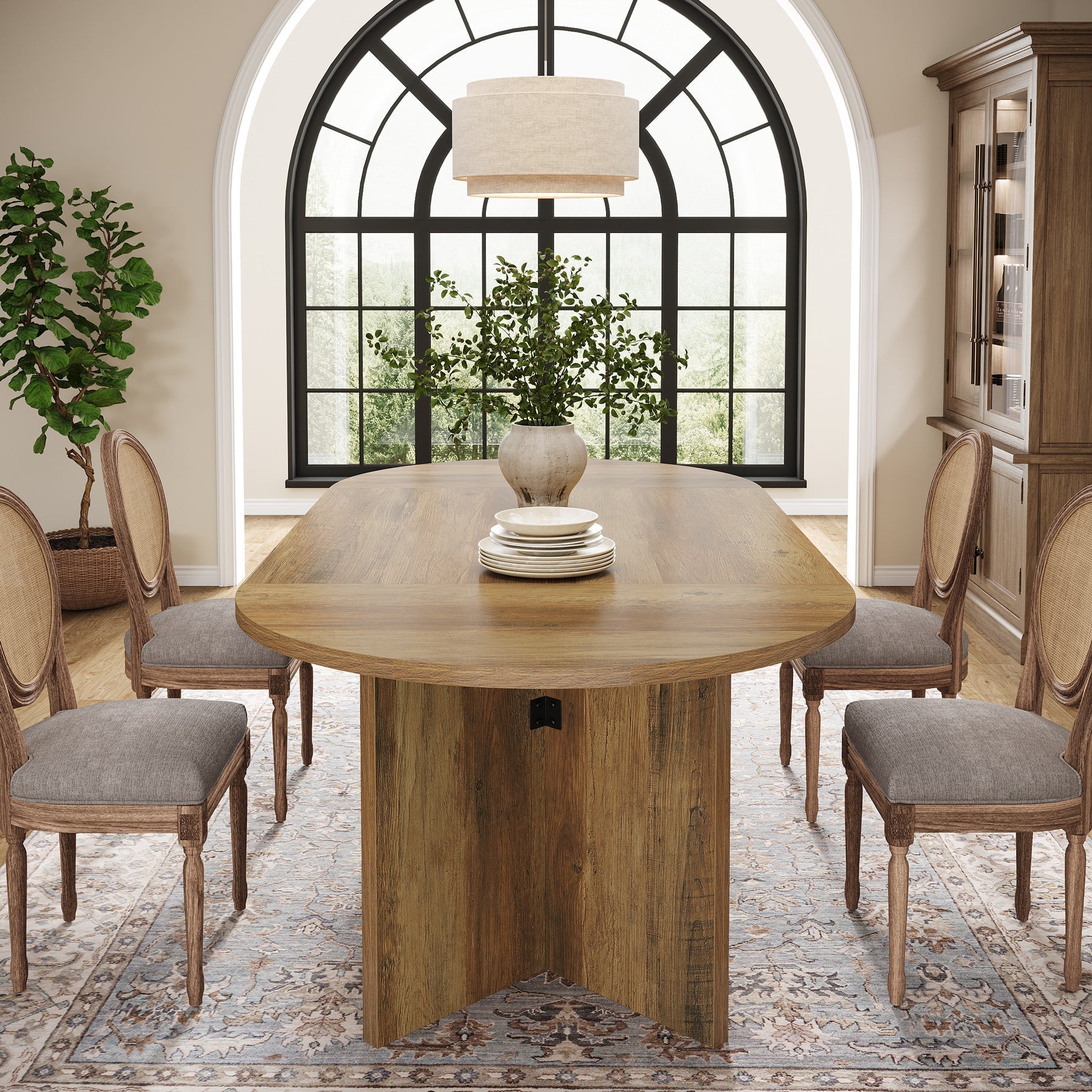 63" Dining Table, Oval Farmhouse Kitchen Table with Strip Base Tribesigns