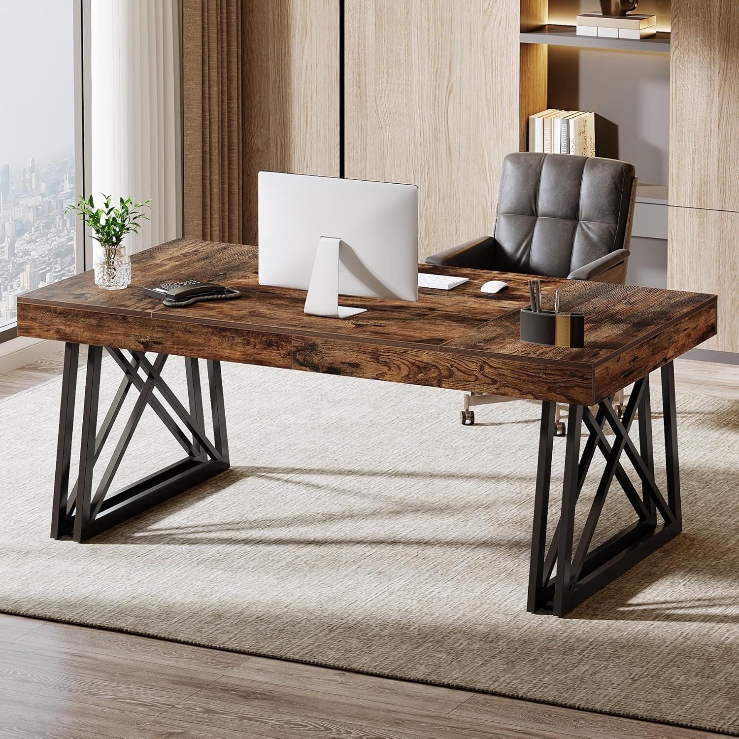 63" Executive Desk, Farmhouse Office Computer Desk with X - Shaped Legs Tribesigns