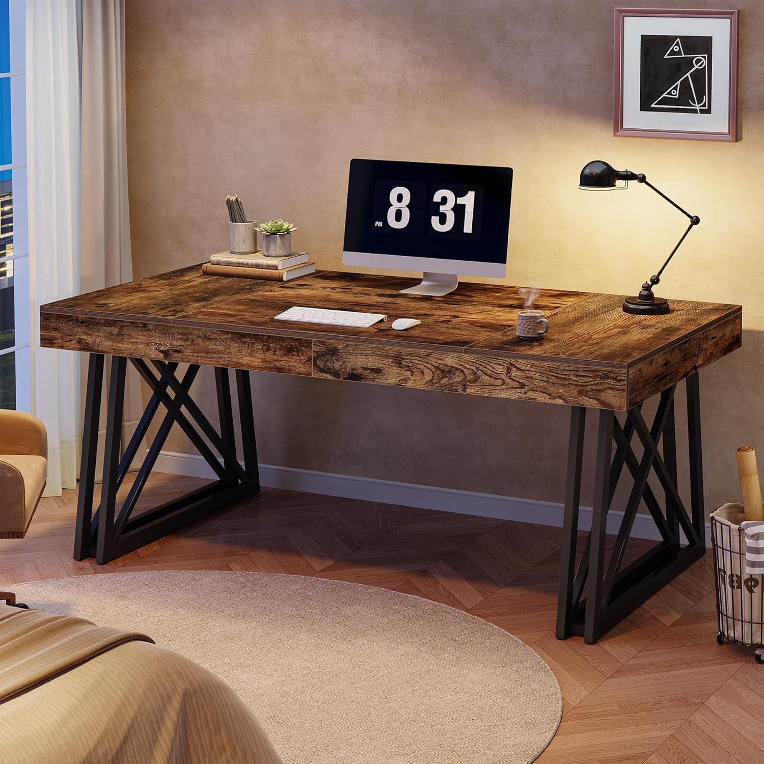 63" Executive Desk, Farmhouse Office Computer Desk with X - Shaped Legs Tribesigns