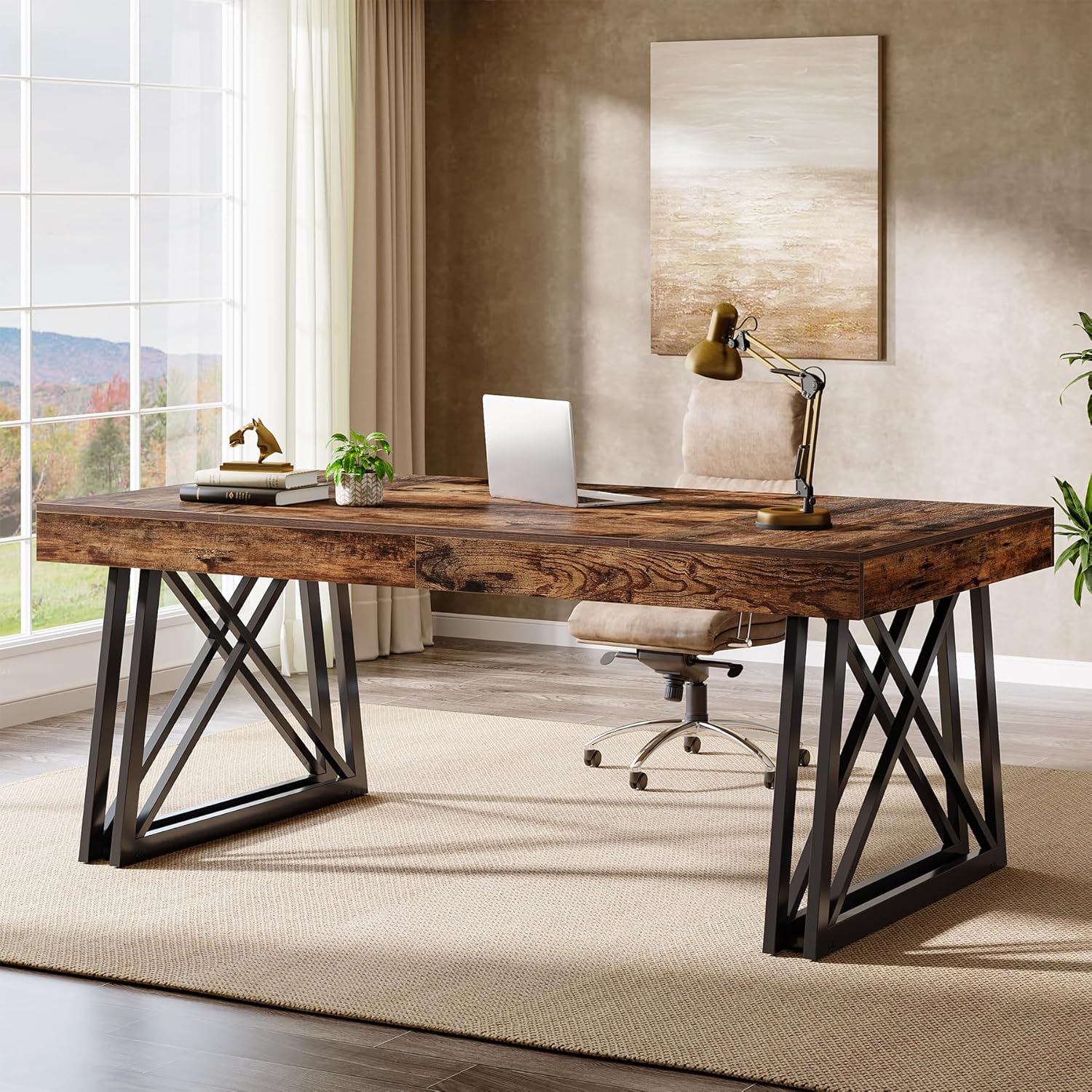 63" Executive Desk, Farmhouse Office Computer Desk with X - Shaped Legs Tribesigns