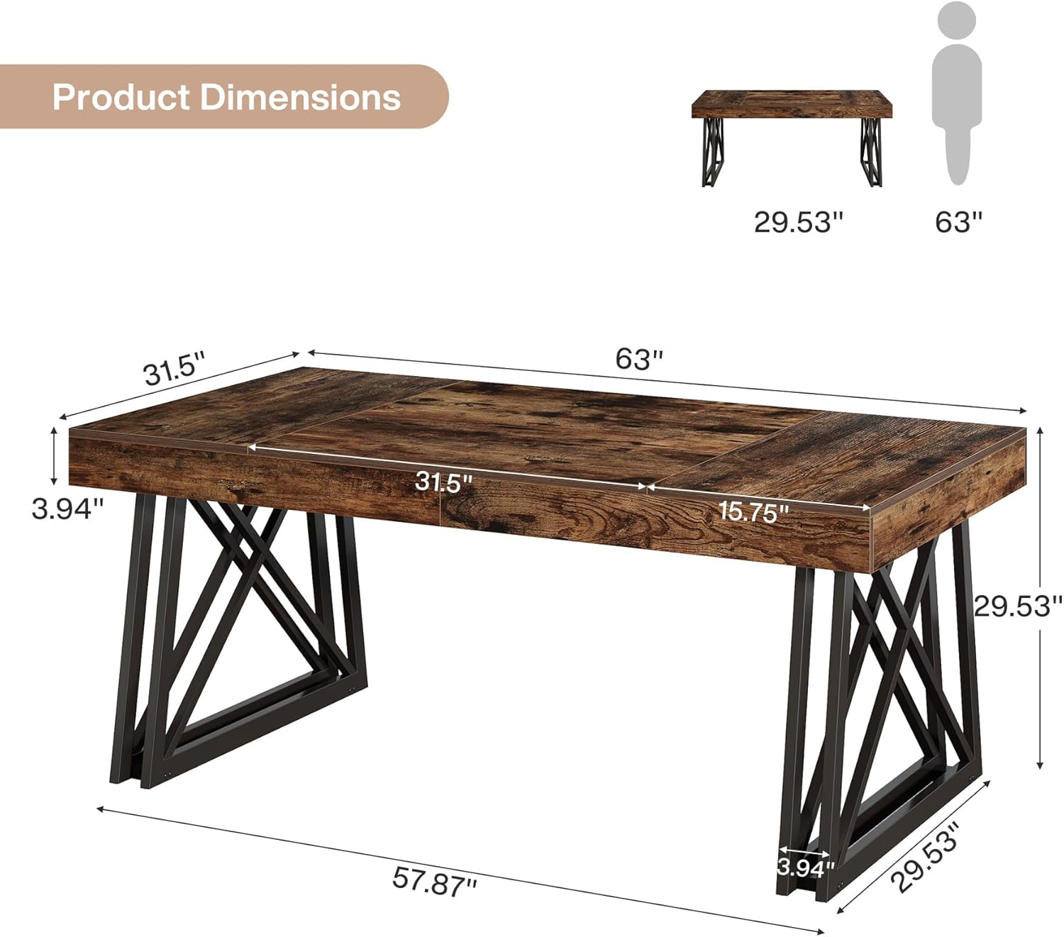 63" Executive Desk, Farmhouse Office Computer Desk with X - Shaped Legs Tribesigns