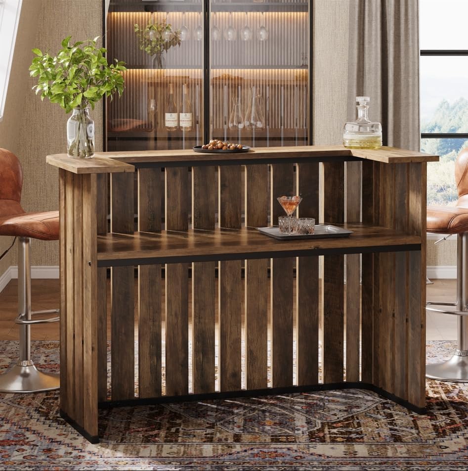 63" Home Bar Unit, Farmhouse Liquor Bar Table with 2 - Tier Shelves Tribesigns
