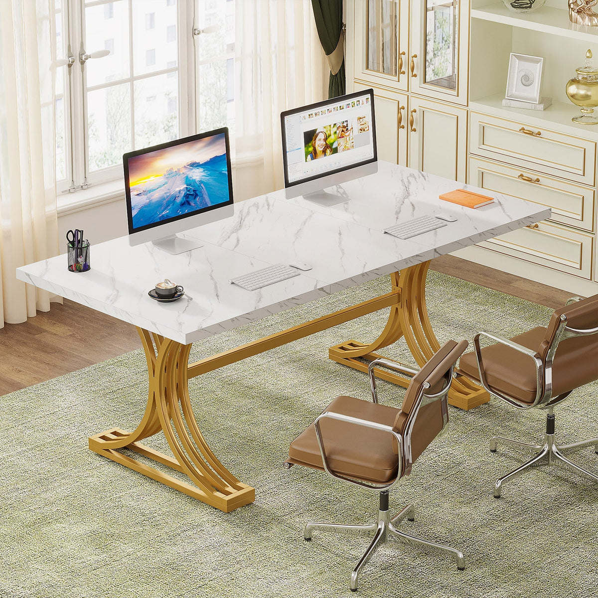 Marble Computer Company Tribesigns 63'' Modern Executive Computer Desk with Faux Marble Top ...