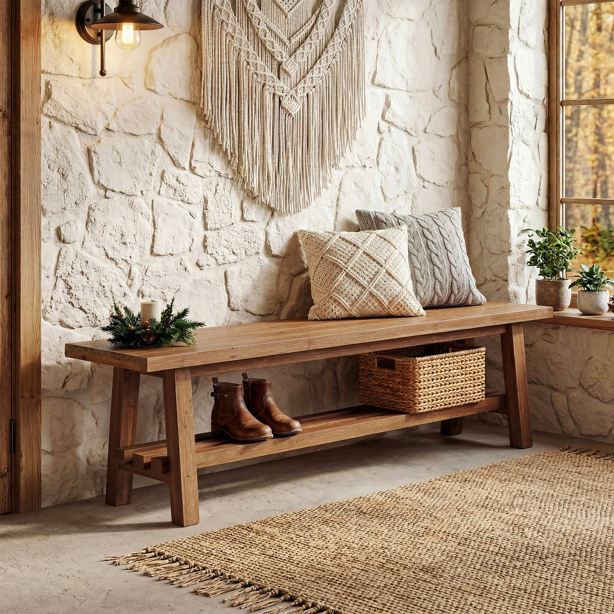 55" Solid Wood Entryway Bench, 2-Tier Shoe Bench with Shelf for Hallway