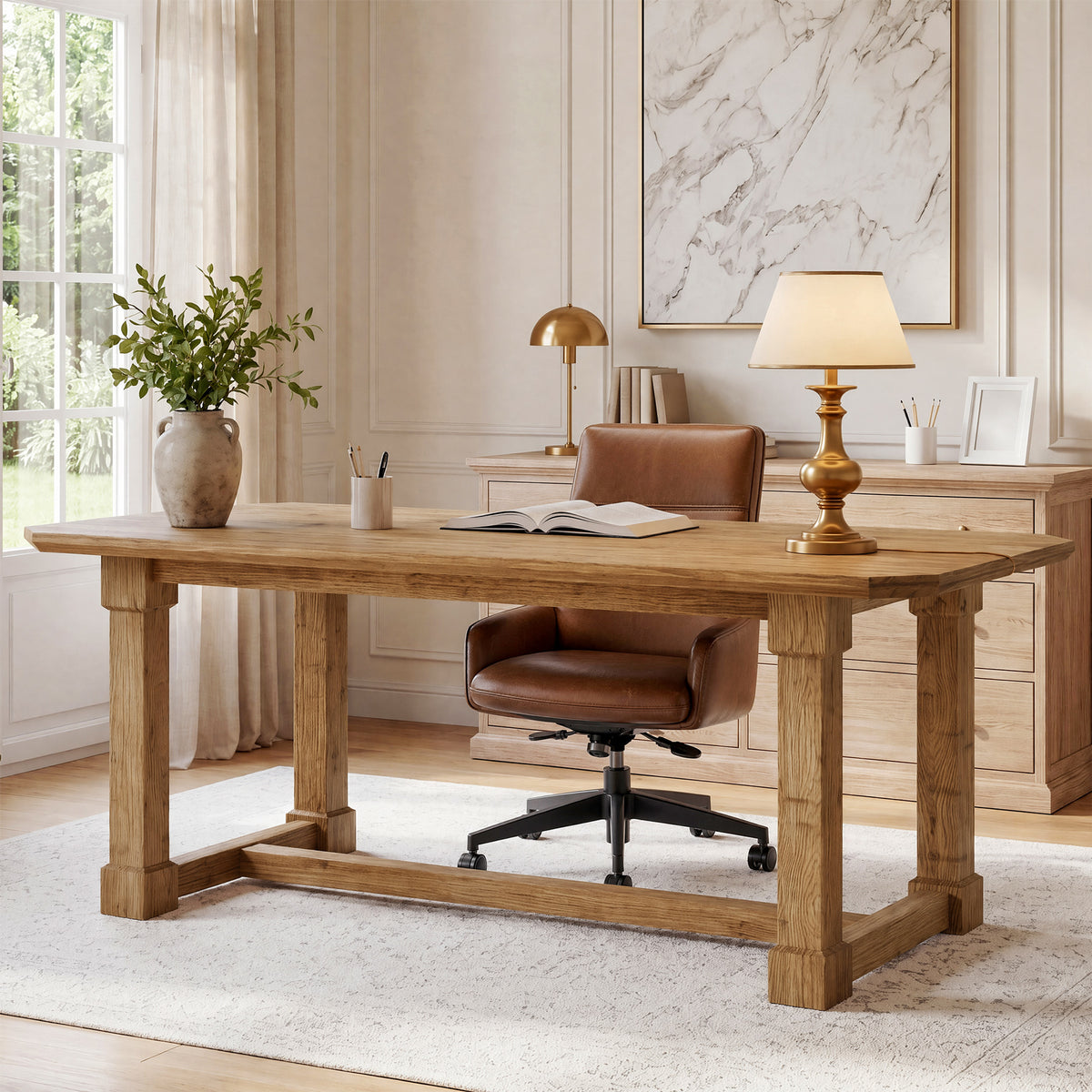 63" Solid Wood Executive Desk, Wooden Office Computer Desk with Thick Top & Sturdy Legs
