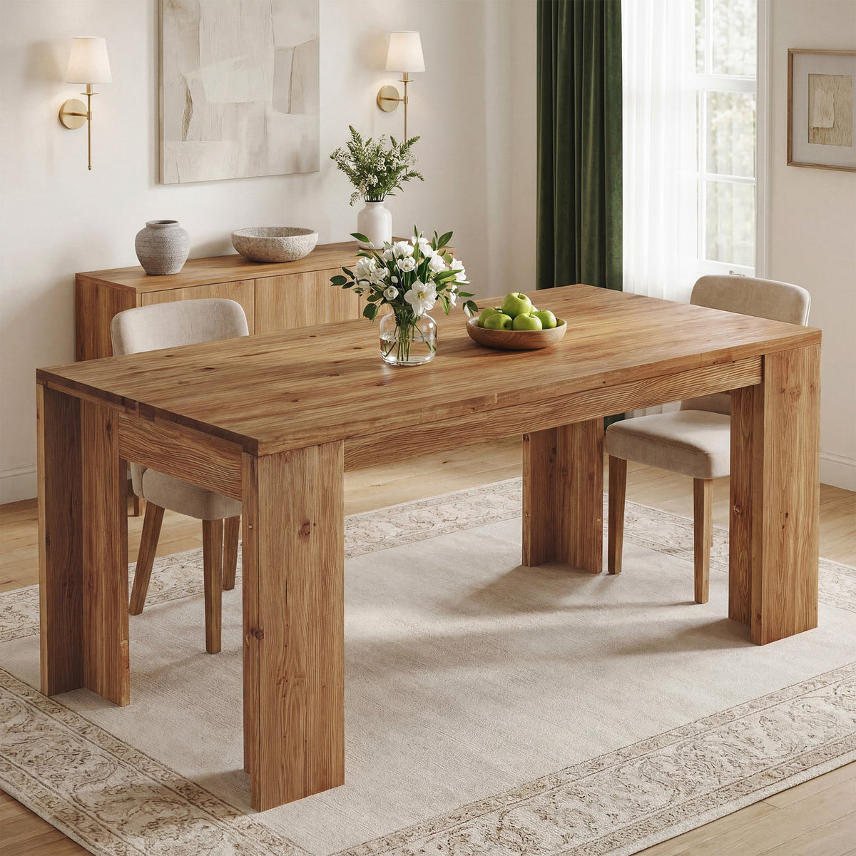 63" Solid Wood Dining Table, Farmhouse Kitchen Table with Heavy-Duty Legs for 4-6