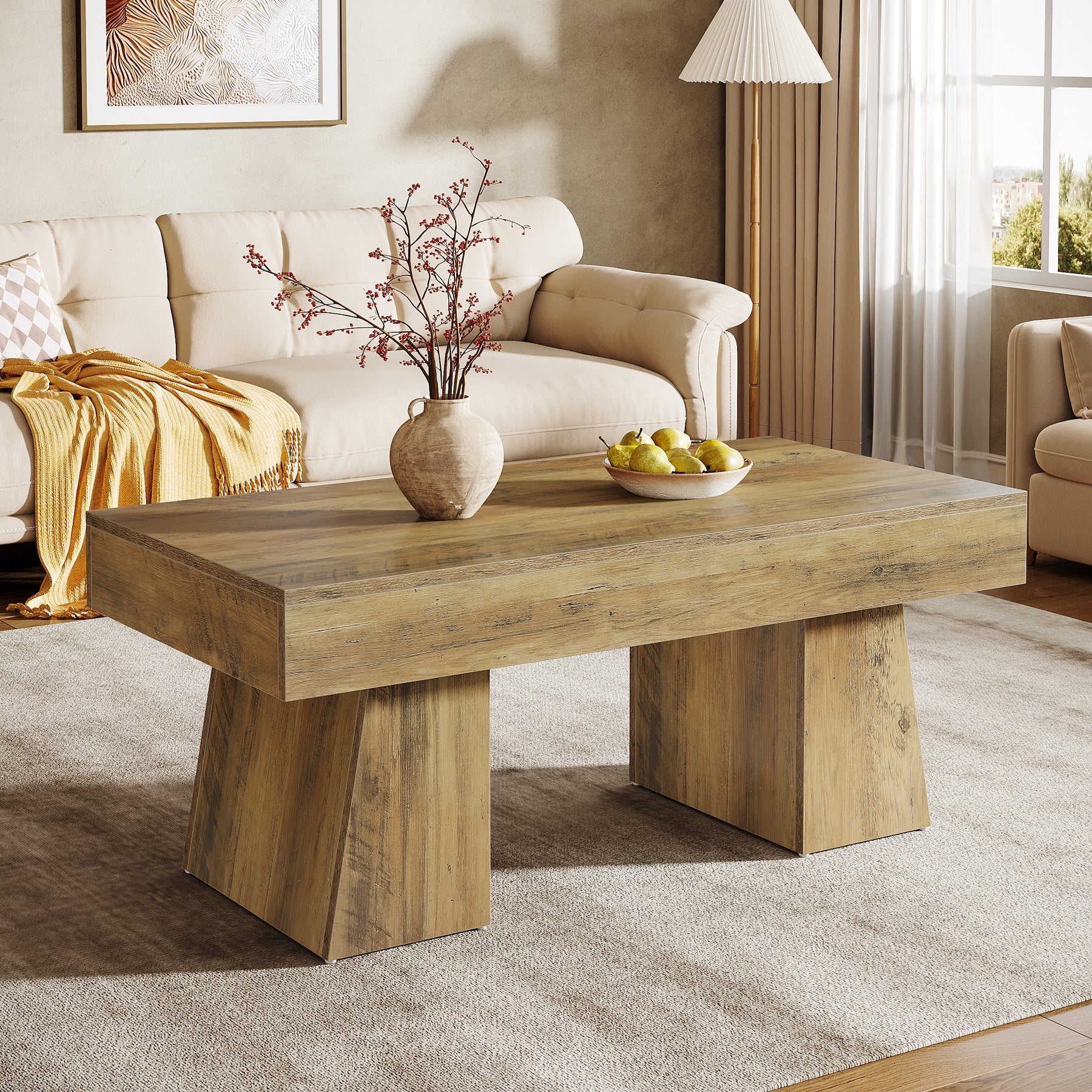47.24" Farmhouse Coffee Table, Rectangular Center Table with Thick Base