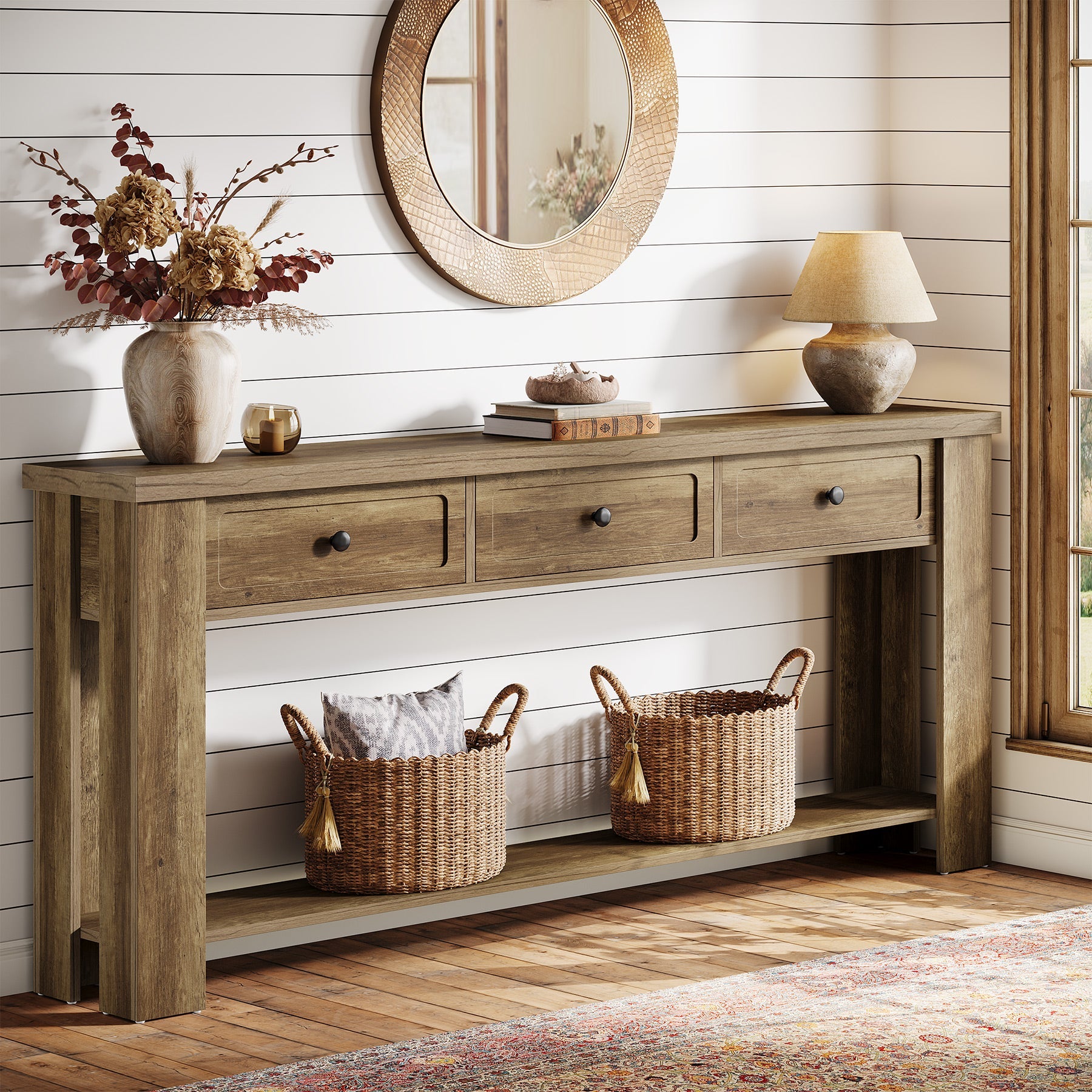 70.9" Console Table with 3 Drawers, Farmhouse Entryway Sofa Table with Shelf for Hallway