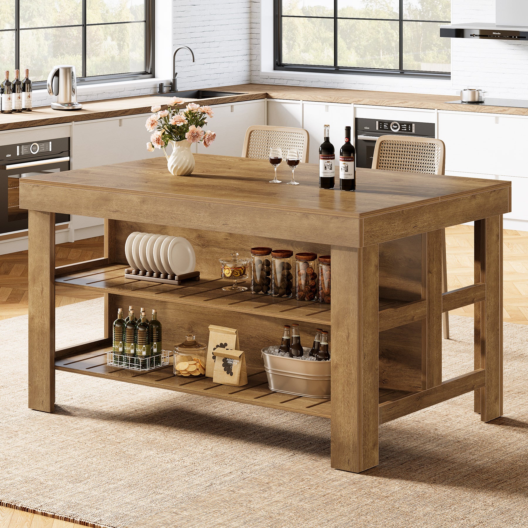 55" Kitchen Island, Breakfast Counter with Seating and Storage Shelves