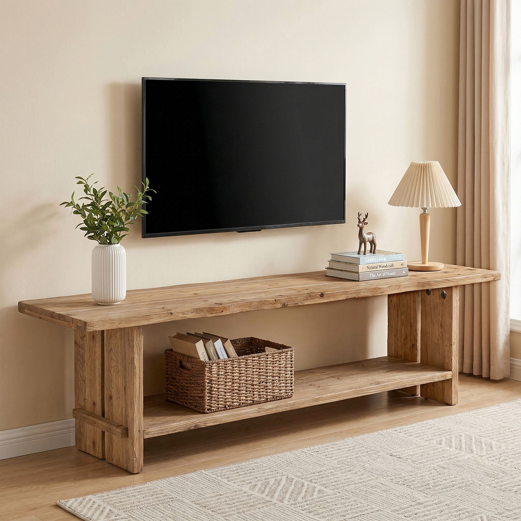 71" Solid Wood TV Stand for Up to 85" TV, Farmhouse Entertainment Center with Storage Shelf